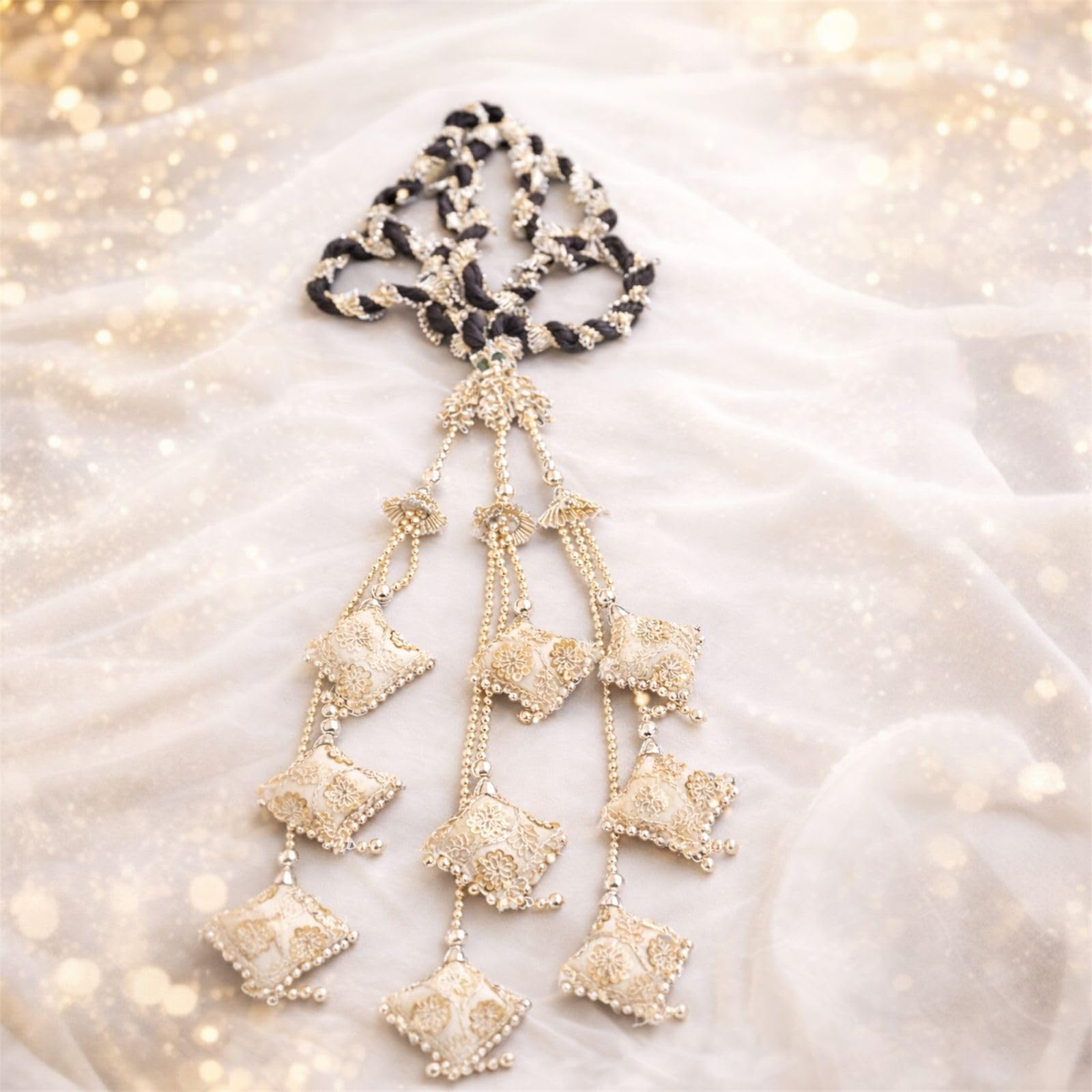 Punjabi Paranda/Parandi Ivory Silver Bridal Hair Paranda for Women | Punjabi Traditional Hair Accessory with Beads & Tassels | Wedding & Festive use (one count)-image-12