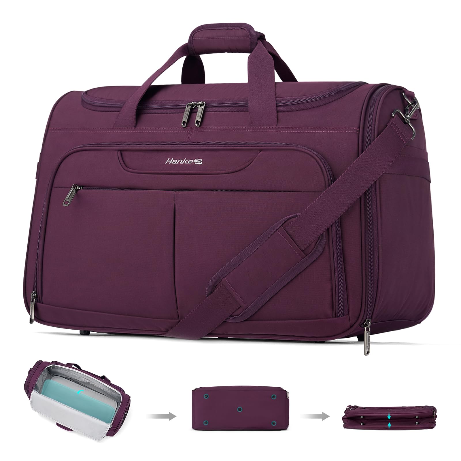 Hanke 36.5L Faltbare Reisetasche Leichte wasserdichte Handgepäck Tasche Sporttasche Damen Carry on Luggage Cabin Bag Gym Bag Travel Bag für Herren Damen, Lila