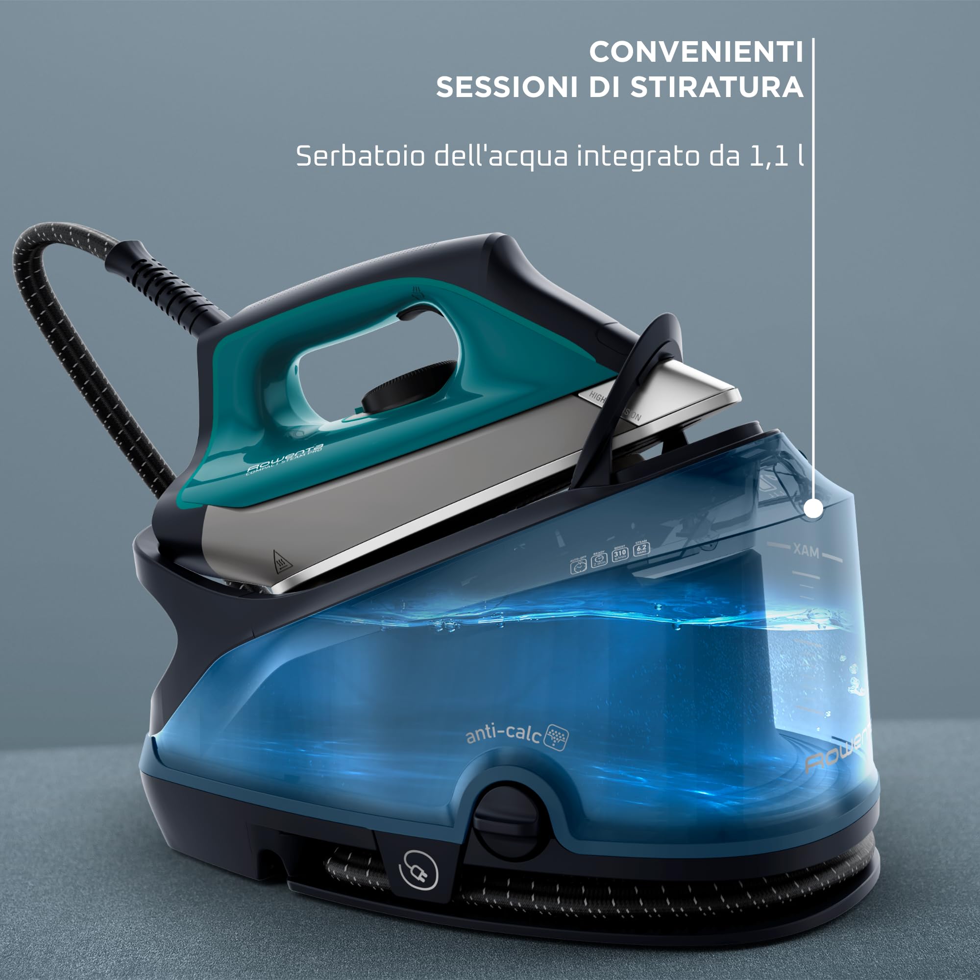 Rowenta DG7621 Compact Steam PRO Ferro da Stiro a Vapore con Caldaia Silenziosa, Pressione Fino a 6.2 Bar, 2200 W, 1,1 Litri, con Tecnologia Eco Intelligence
