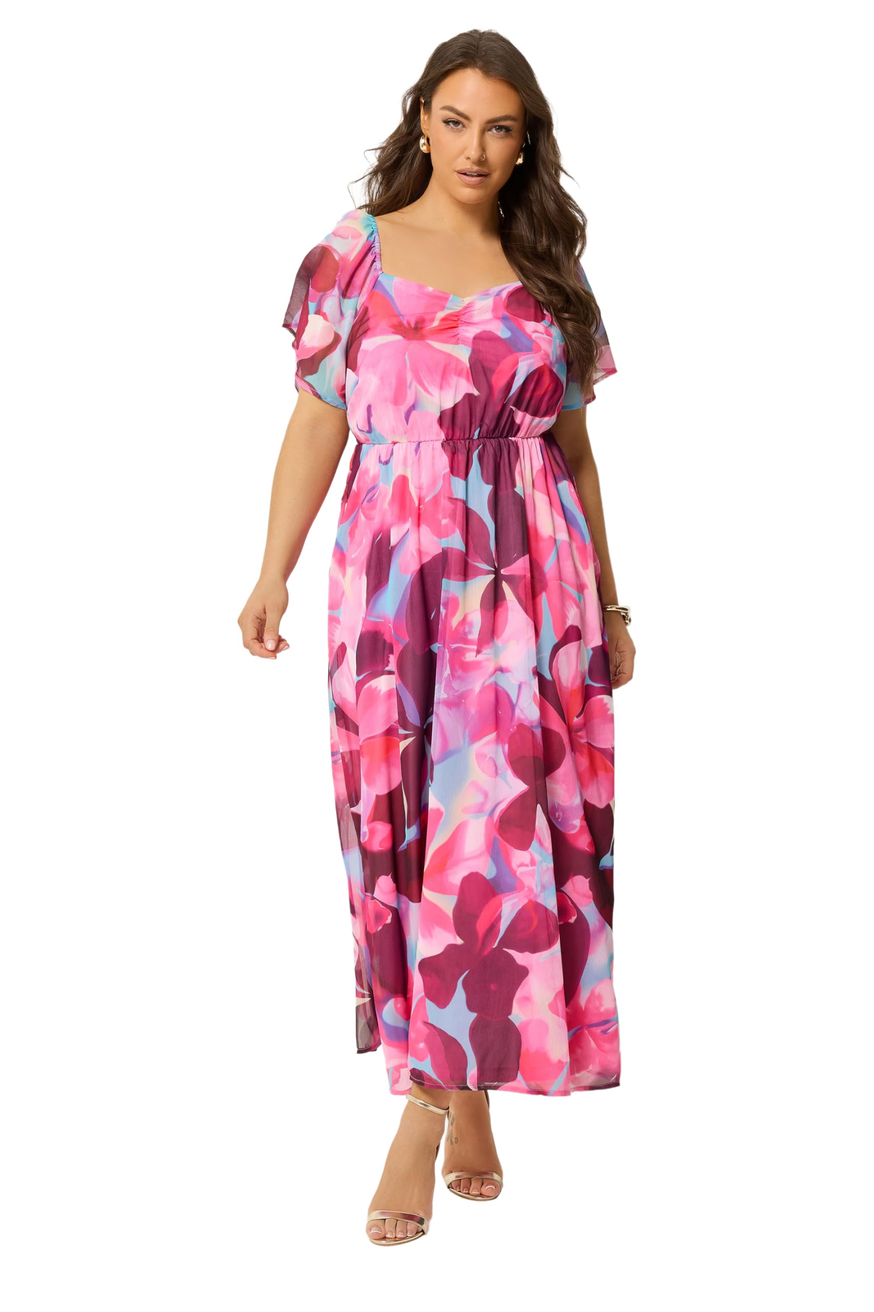 Yours Women's Floral Angel Sleeve Dress in Pink | Size: 22-24