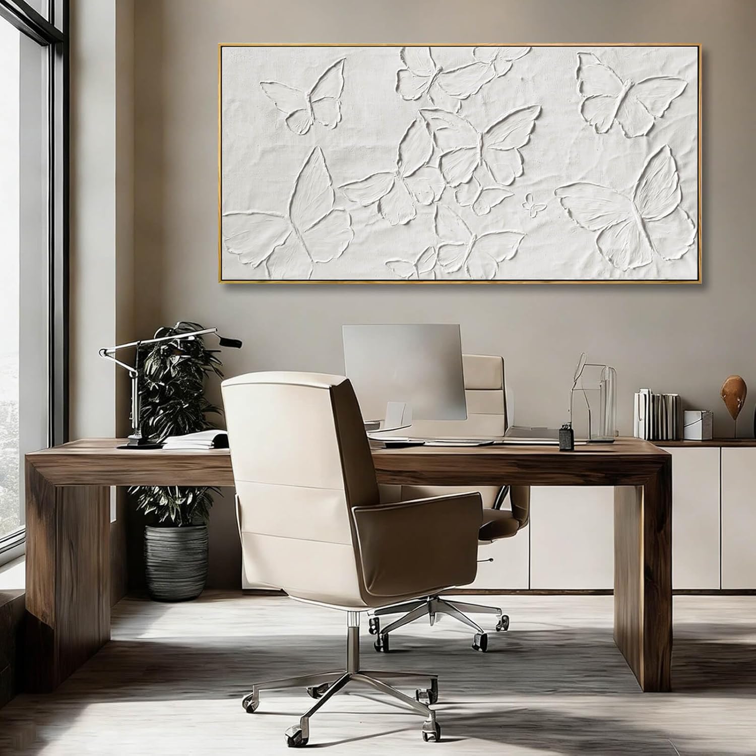 White Butterfly Wall Art 24x48 Inch, Large Framed 3D Textured Canvas Prints with Wooden Frame, Minimalist Relief Wall Decor for Bedroom Living Room or Office