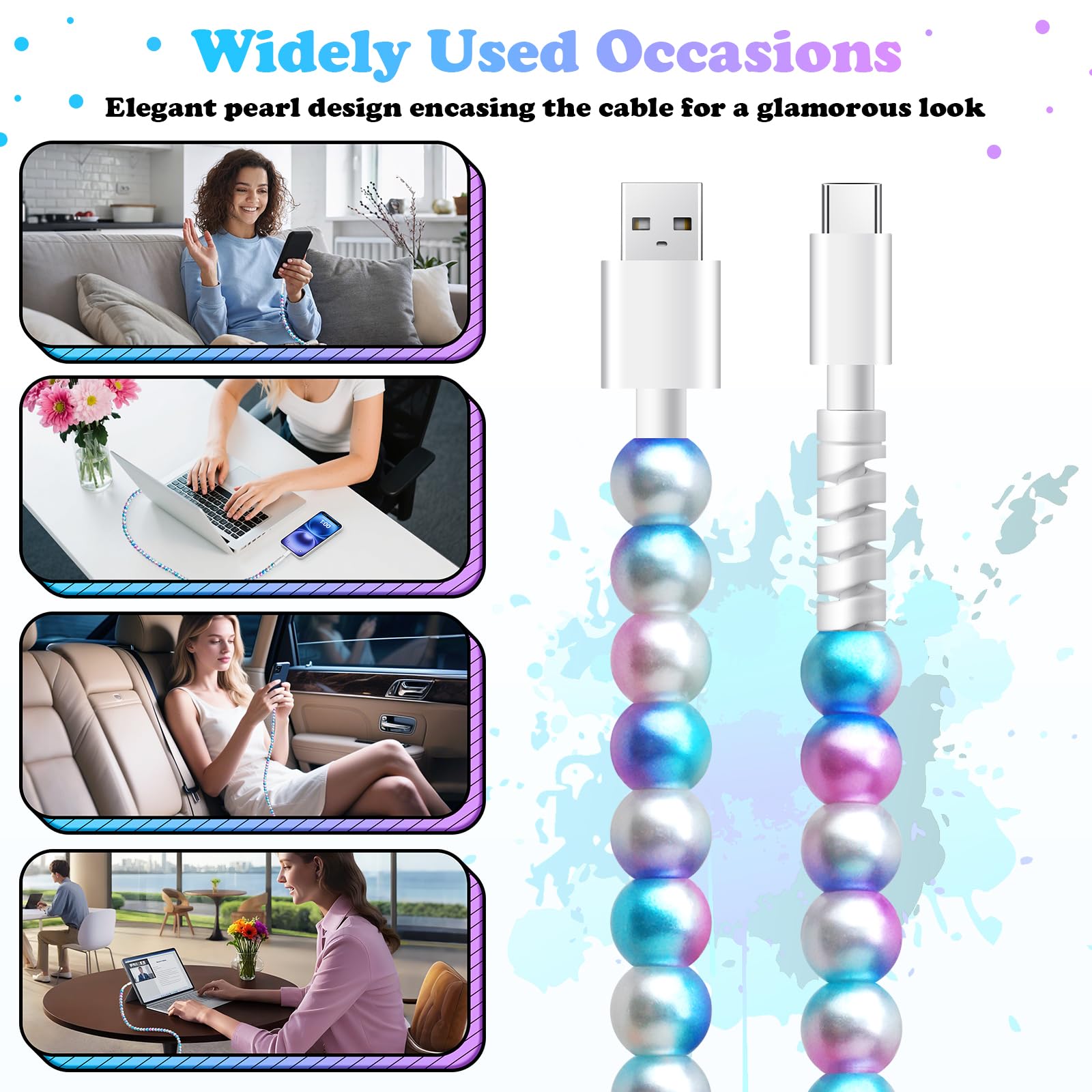 Cavo USB C veloce da USB a USB C cavo di ricarica per ragazze 3,3 FT carino perla perline USB tipo C cavo di ricarica per telefono cavo di ricarica per iPhone 16 Pro Max 15 Pro Max Plus Galaxy