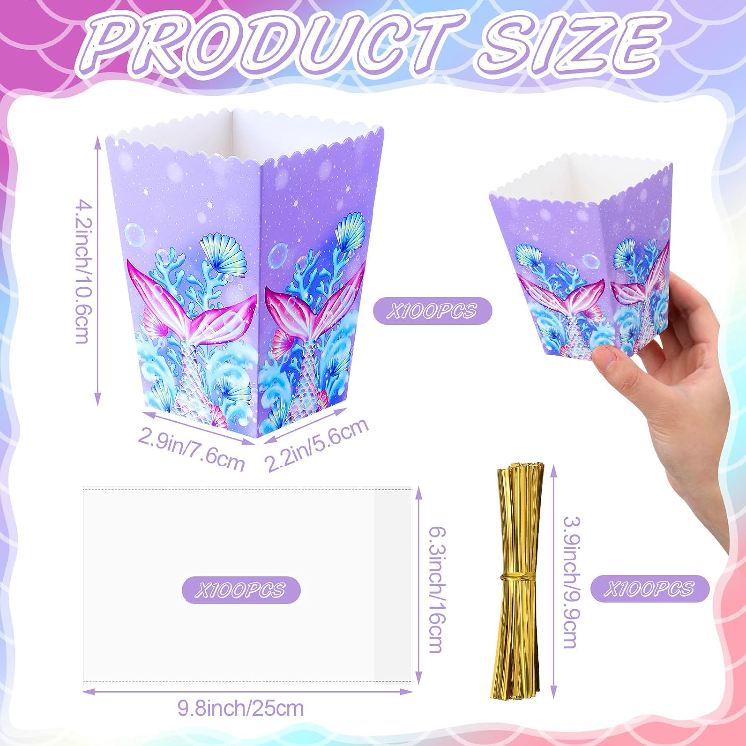 FillTouch 100 Pcs Mermaid Party Favor Popcorn Bags with Cellophane Bag