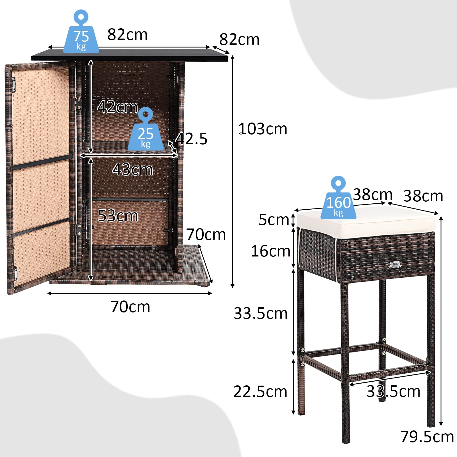 COSTWAY Juego de Bar de Mimbre para Exteriores de 5 Piezas, Mesas Altas y 4 Taburetes con Cojines, Mesa con Tapa Lisa y Estante de Almacenamiento Oculto