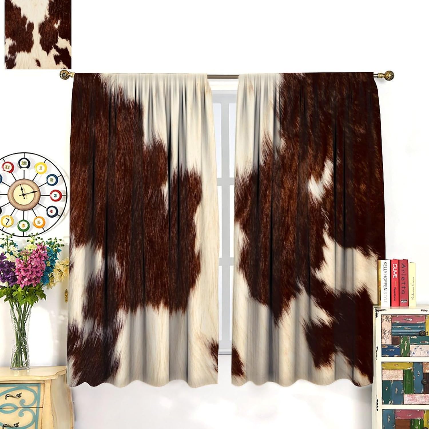 Cowhide Window Curtains Western Farm Animal Fur Skin Brown Cow Prin Blackout Window Treatments for Kids Living Room Bedroom Decor Window Drapes 42" W X 54" L
