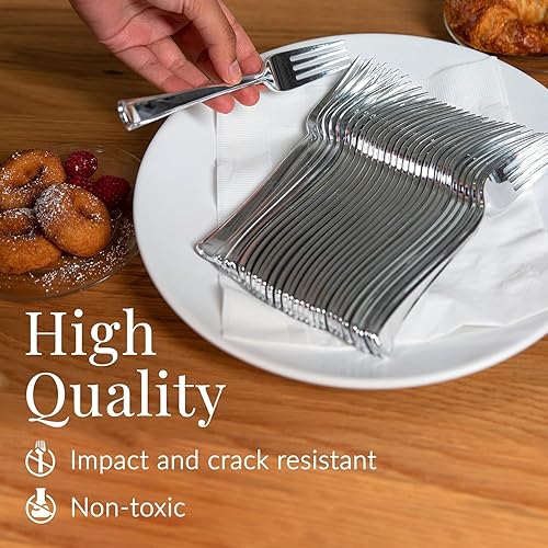 Vista 34 de Prestee Paquete de 100 tenedores de plástico plateado resistentes – Elegantes tenedores desechables – Juego de cubiertos plateados de plástico