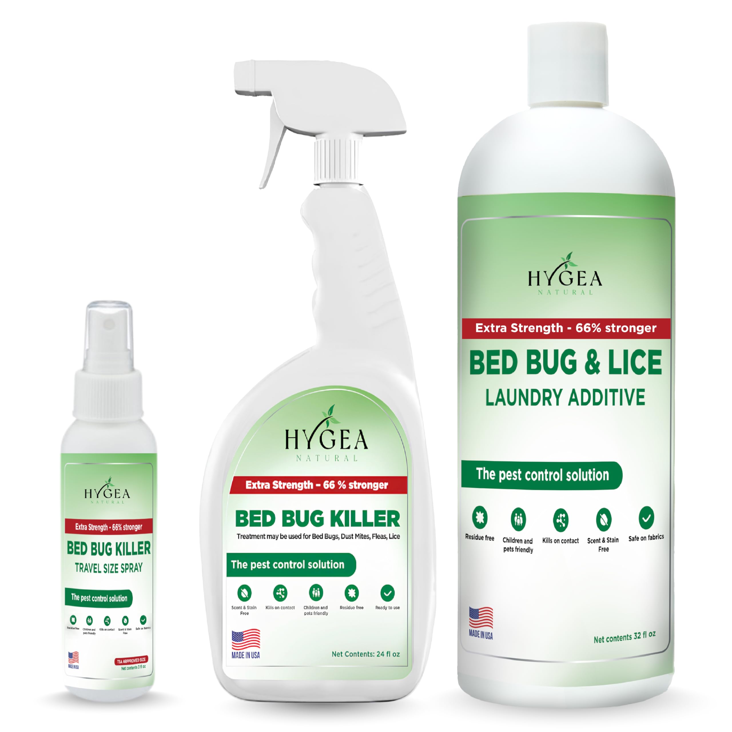 Hygea Natural Extra Strength Bed Bug & Lice Elimination Kit - Includes Extra Strength 24 oz Lice & Bed Bug Spray, 32 oz Lice & Bed Bug Laundry Additive, & 3 oz Bed Bug Travel Spray