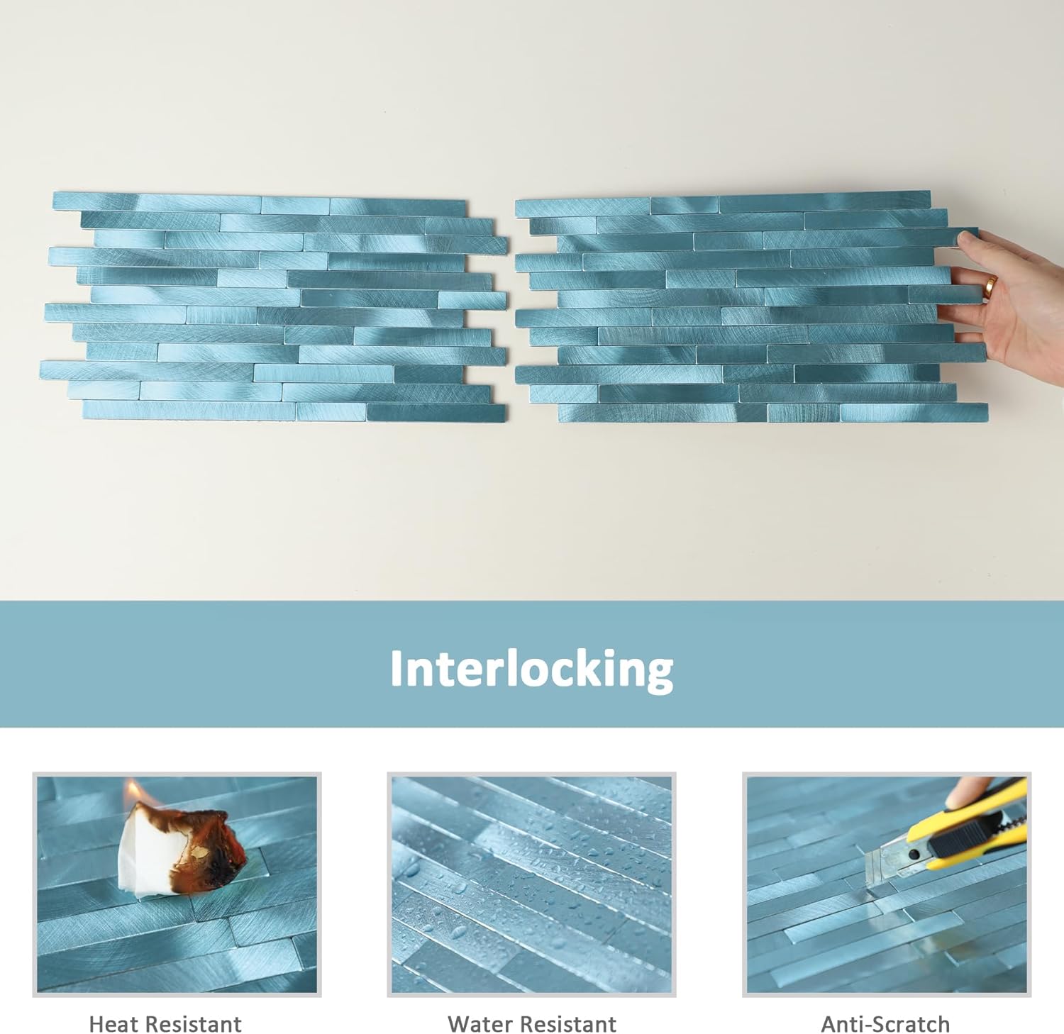 12-Sheet Blue Peel and Stick Backsplash, Brushed Metal Subway Backsplash Linear Tile Stick on Wall Tiles for Kitchen Bathroom Fireplace
