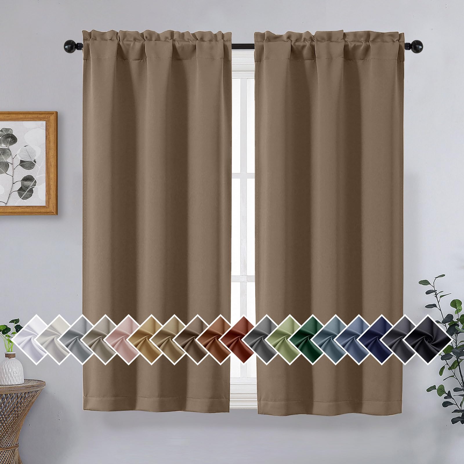 OVZME Brown Short Blackout Curtains for Bedroom 45 Inches Long 2 Panels Set, Solid Thermal Insulated Blackout Curtains, Energy Saving Soft Fabric Window Drapes, Dual Rod Pocket, 2x40Wx45L Inches