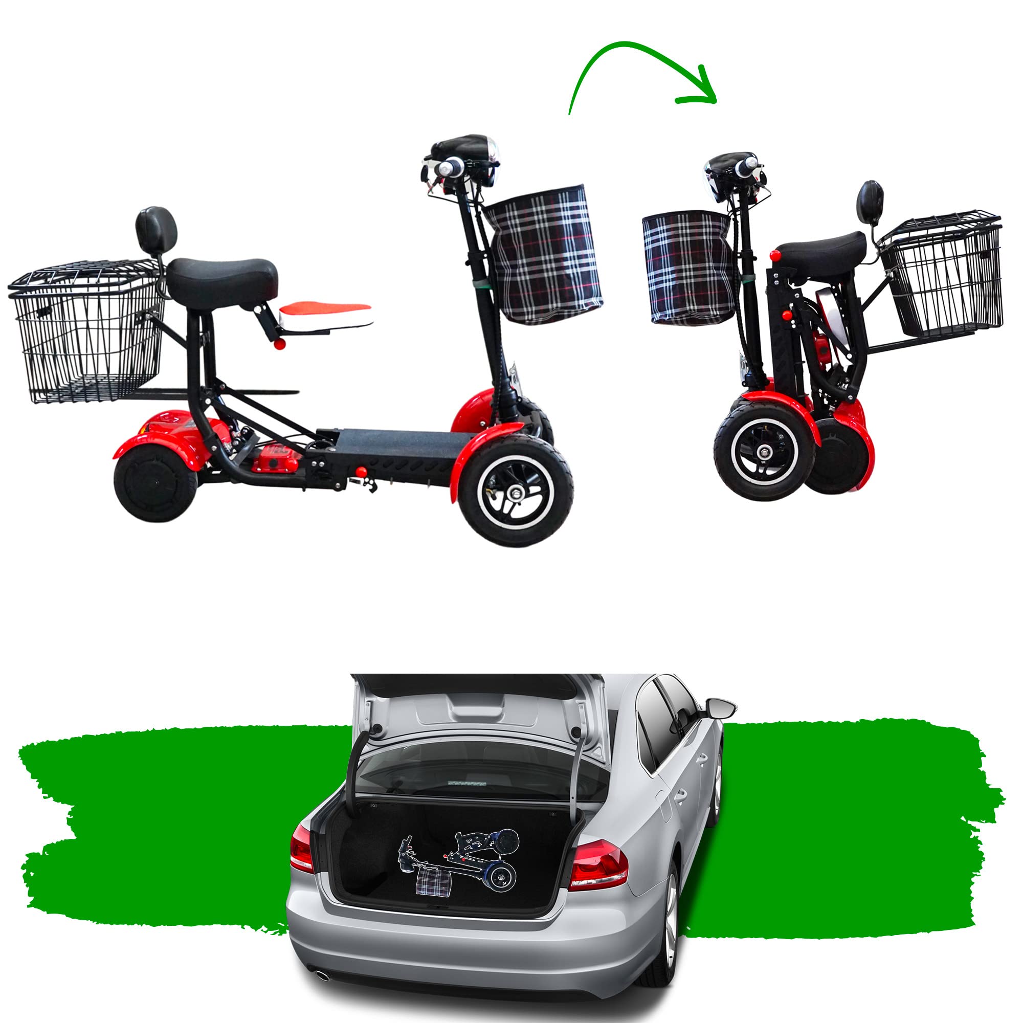 Fold 1 Li-ion – Plegable Scooter de movilidad de 4 ruedas – Batería de iones de litio para inválidos y mayores - Batería de larga duración – Incluye cargador y cesta (Rojo)