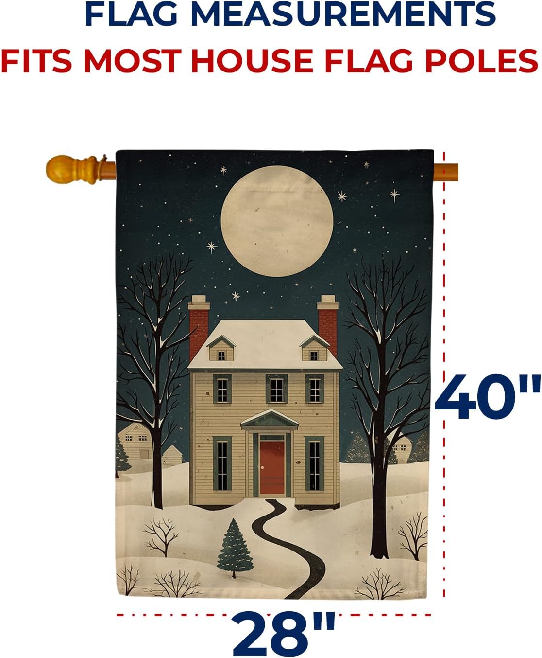 America Forever Warm Cozy At Home Winter House Flag, 28 x 40 inch Double Sided, Snowy Americana Starry Night, Seasonal Outdoor Banner, Yard Decoration, Cold Weather Holiday