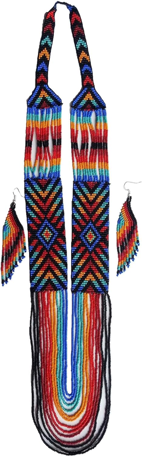 Handmade Beaded Indian Necklace,Inspired by Native American Style Long Necklace Earrings Set,One of a Kind beaded Necklace for Women,Perfect for Occasions, Gifts