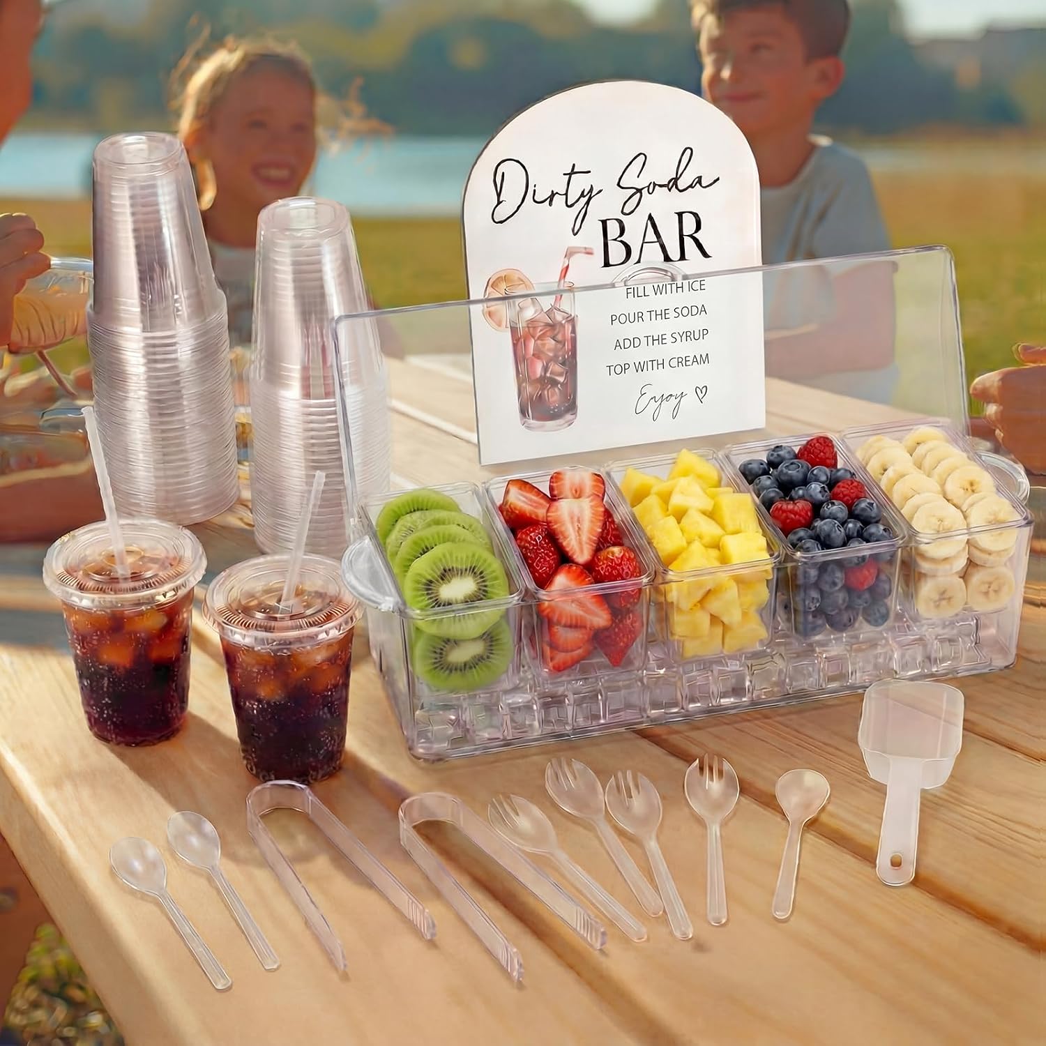 Thenshop 50 Pack Dirty Soda Bar Supplies - 12oz PET Cups with Lids & Straws, Soda Bar Sign, Chilled Condiment Tray Server with Utensils, Disposable Cups Kit for Wedding, Bridal Shower Birthday Party