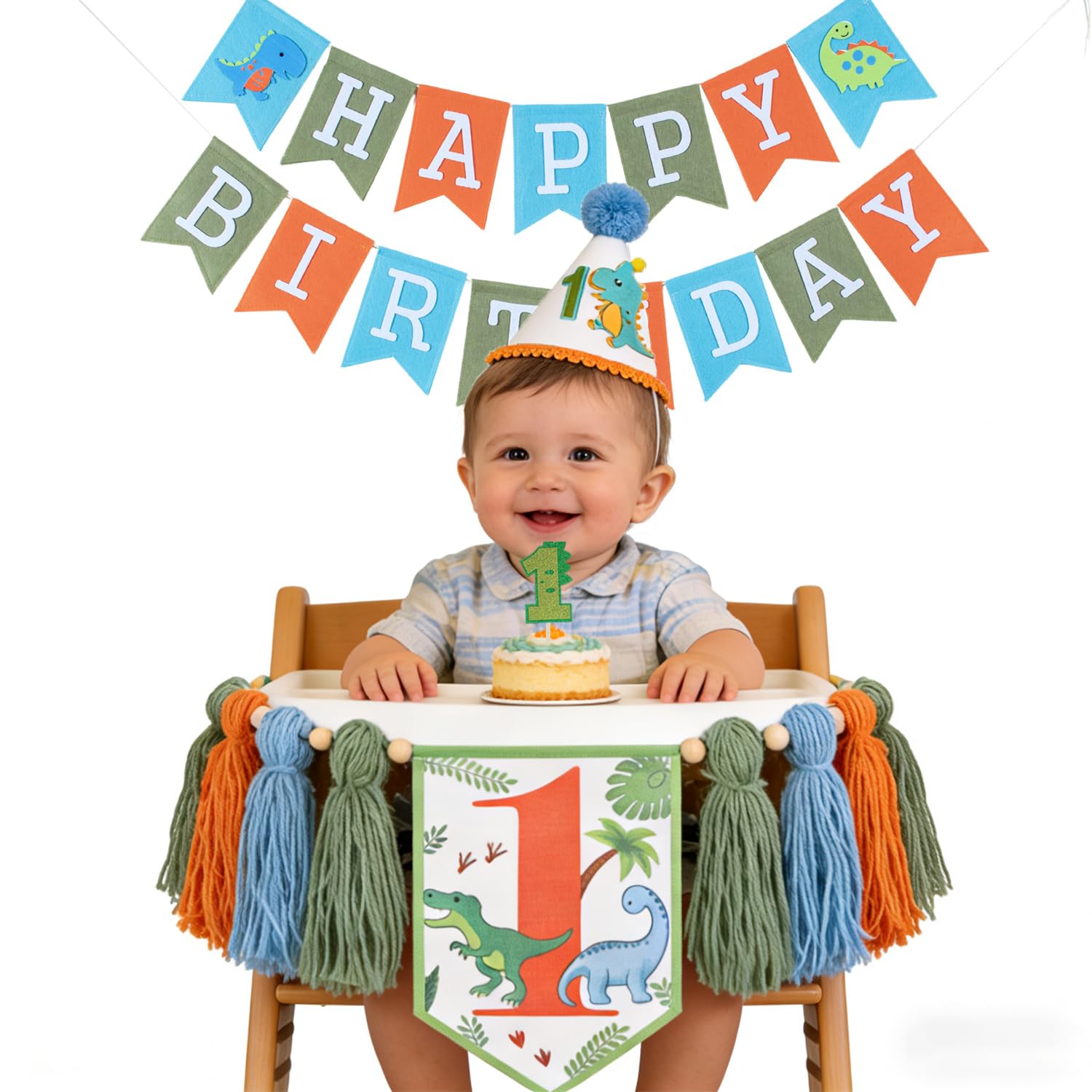 Dinosaur 1st Birthday Decorations For Boys -Dinosaur's High Chair Banner 1st Birthday Boy Dinosaur's Birthday Banner，Dinosaurs Cake Topper & Dinosaur Party Hats，Dinosaurs First Birthday Party Supplies — image 1