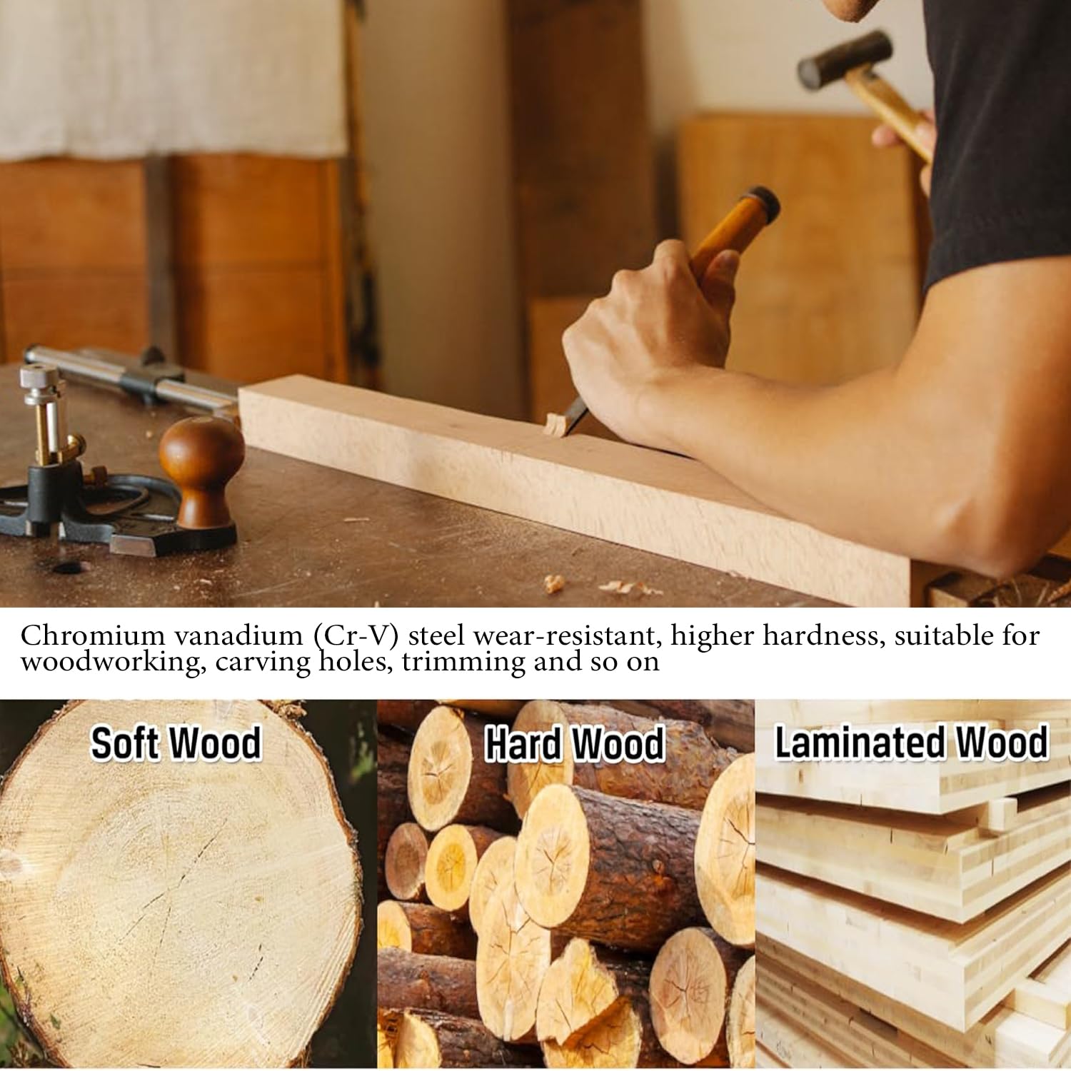 Juego de 4 cinceles de madera hechos a mano de acero al cromo vanadio con mango de madera para carpintería