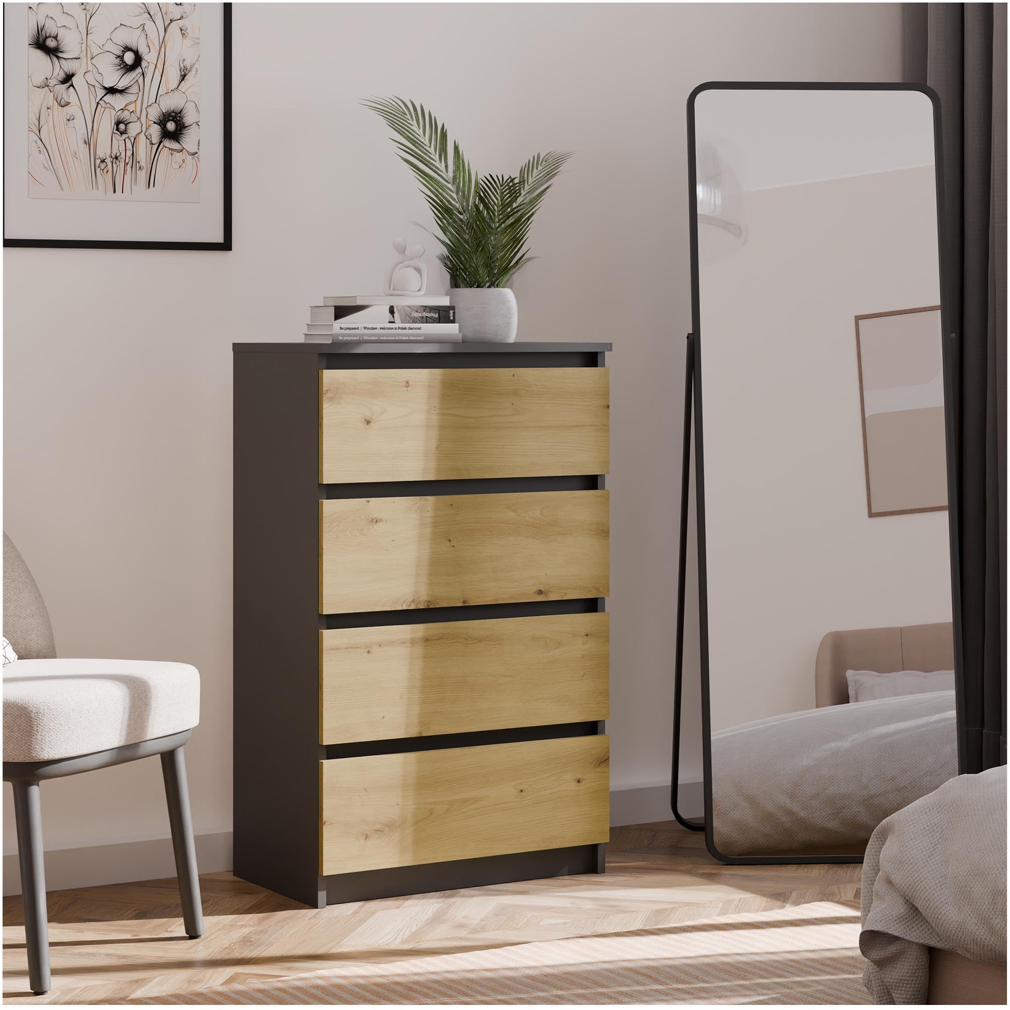 CDF Commode 4 Tiroirs Commode Chambre Anthracite Chêne Artisan Meuble Armoire de Rangement Spacieux pour Salon Bureau Spacieuse et Design Moderne Facile à Installer 40x70x97 cm Meuble à Vêtements