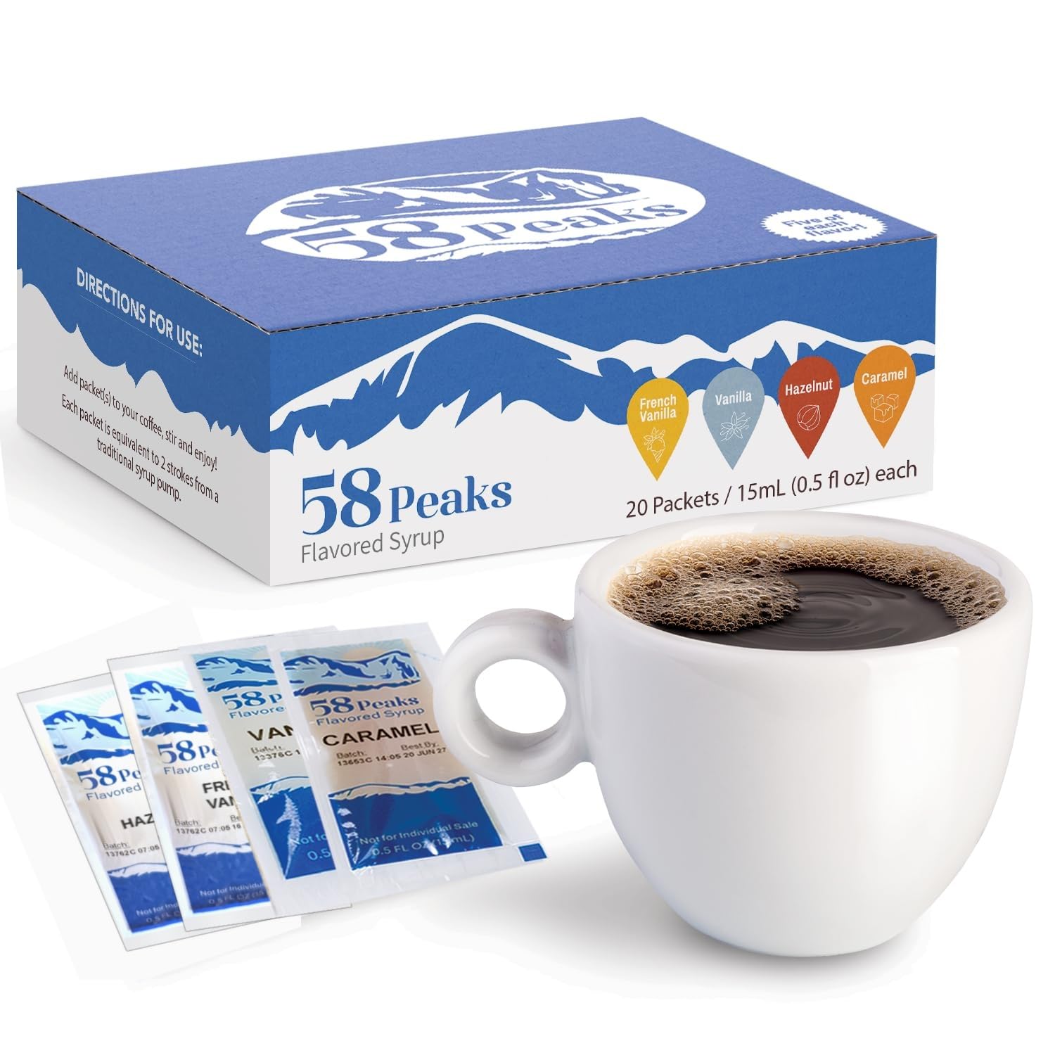 58Peaks Variety Pack Coffee Syrup Packets for Travel & On-the-Go Coffee | TSA-Approved Single Serve Flavor Packets | No Mess Alternative | Vanilla, Caramel, French Vanilla & Hazelnut | 20 Count