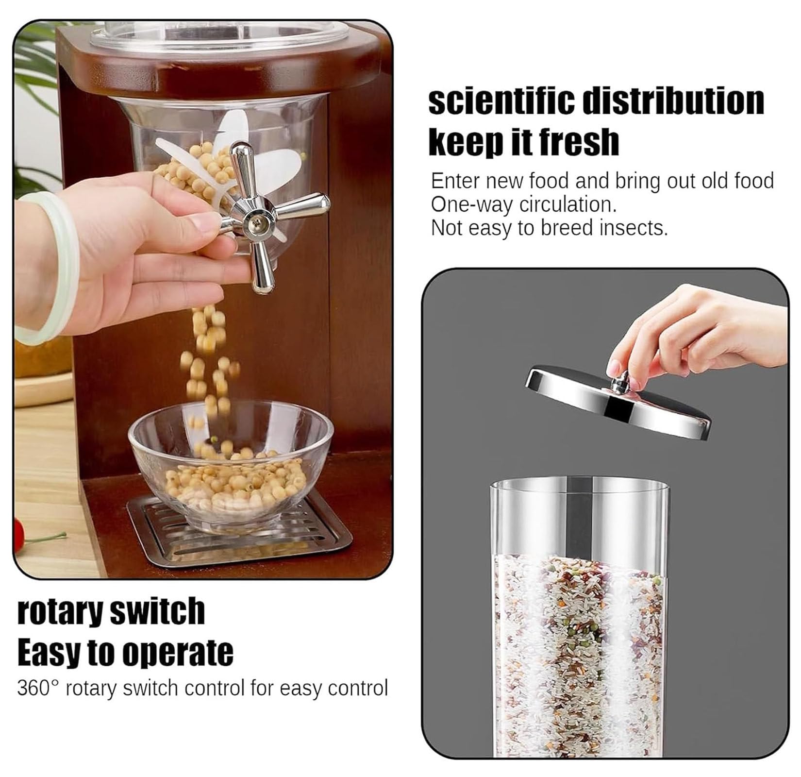 Dispenser cereali, Contenitori per Cereali da 12 Litri, Distributore di Cereali da Banco, Distributore di Cibo Secco Indispensabile, Tre Controlli, per Snack di Cereali, Noci, Caramelle, Avena,B