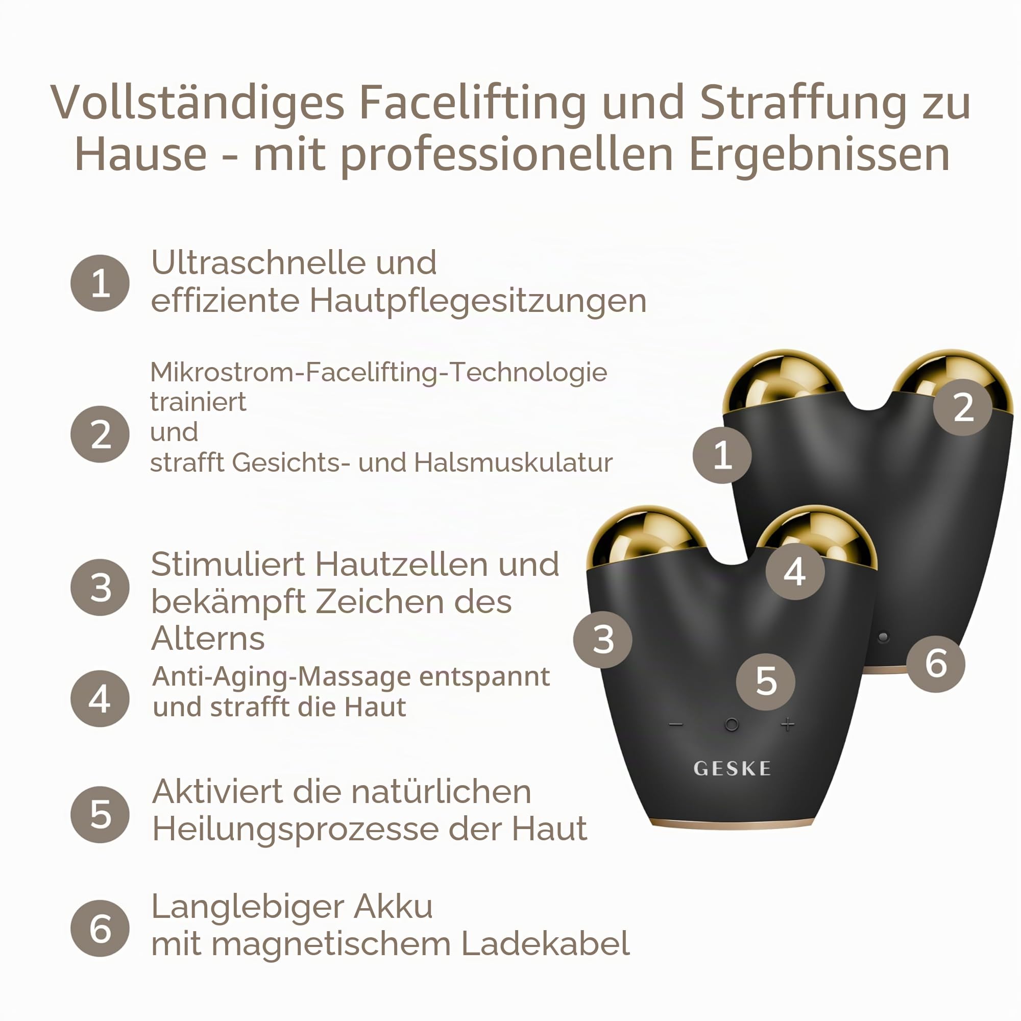 GESKE | SmartAppGuided™ MicroCurrent Face-Lifter | 6 in 1 | Facial Lifting | Gesicht- & Jawline Trainer | Gesichtsstraffung | Anti Aging Device | Mikrostrom gegen Falten | Doppelkinnentferner