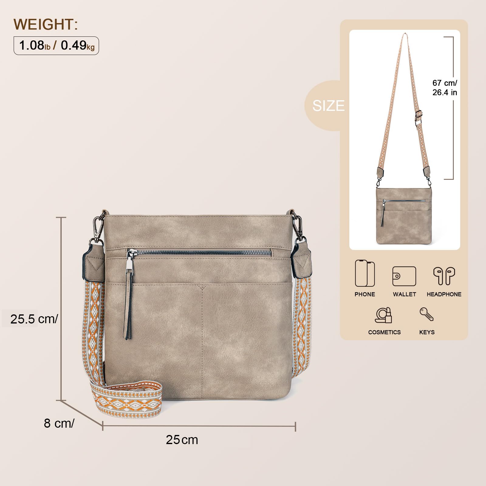 Gladdon borsa donna, borsa a spalla da donna, borsa media donna, borsette donna, borsa in pelle donna, multi pochette con ampia tracolla in fettuccia jacquard