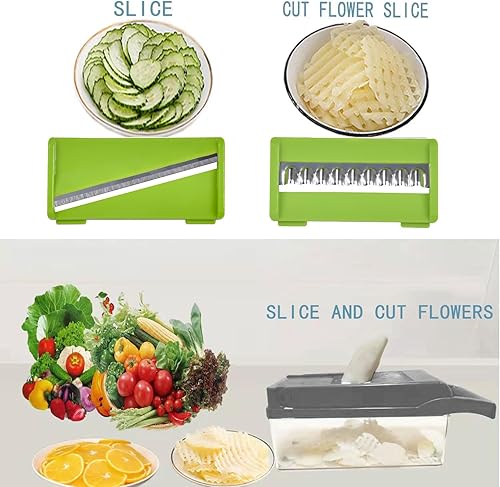 Miniatura 5 de Picador de verduras con recipiente, cortador de alimentos multifuncional 14 en 1 y espiralizador 8 cuchillas de acero inoxidable, apto