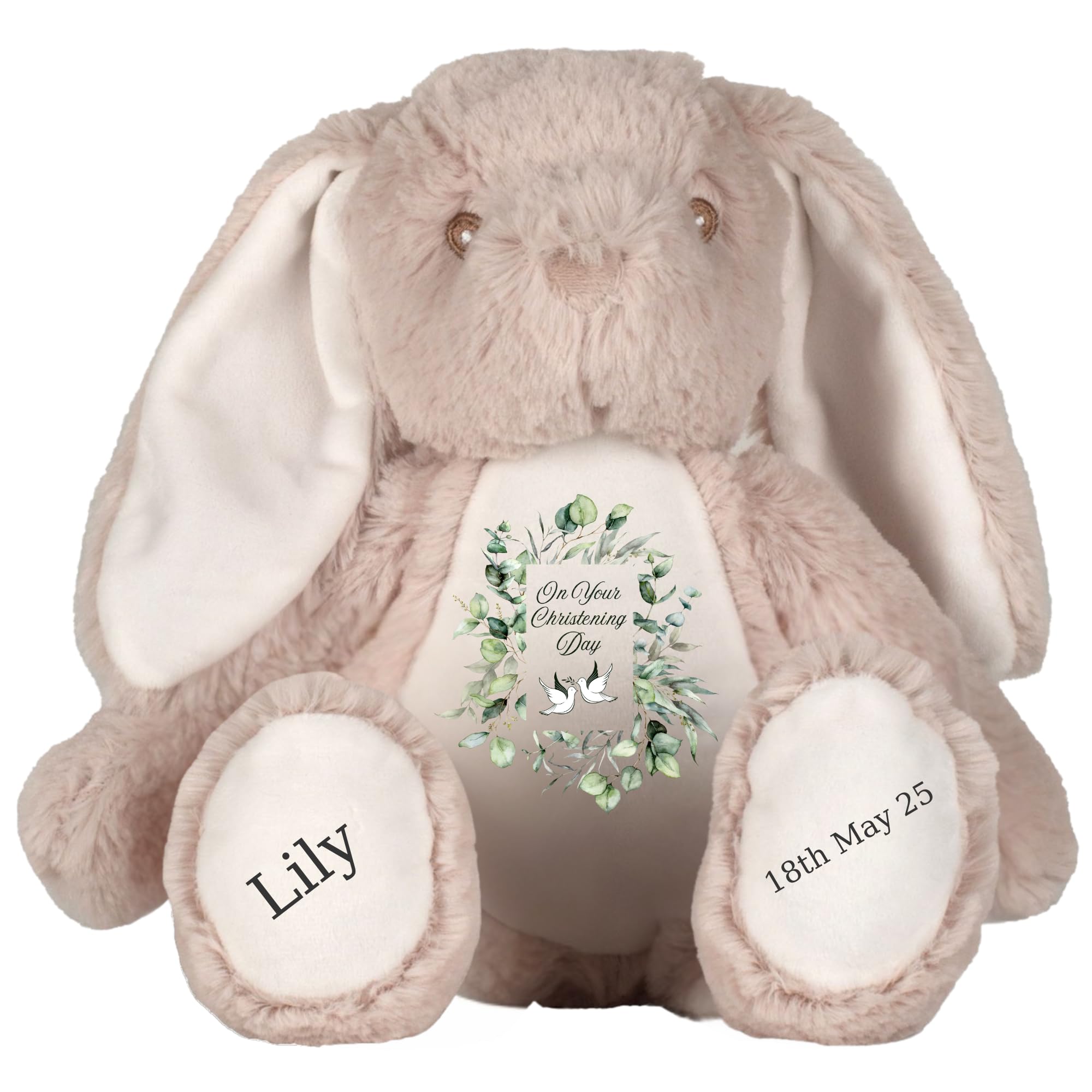 Personalised Christening Bunny with Name - Eucalyptus Leaves Doves On your Christening Day Soft Toy for Baby, Toddler, Kids, Child, Babies Baptism Church Spring Time - Blue Letter Brown Bunny — image 1