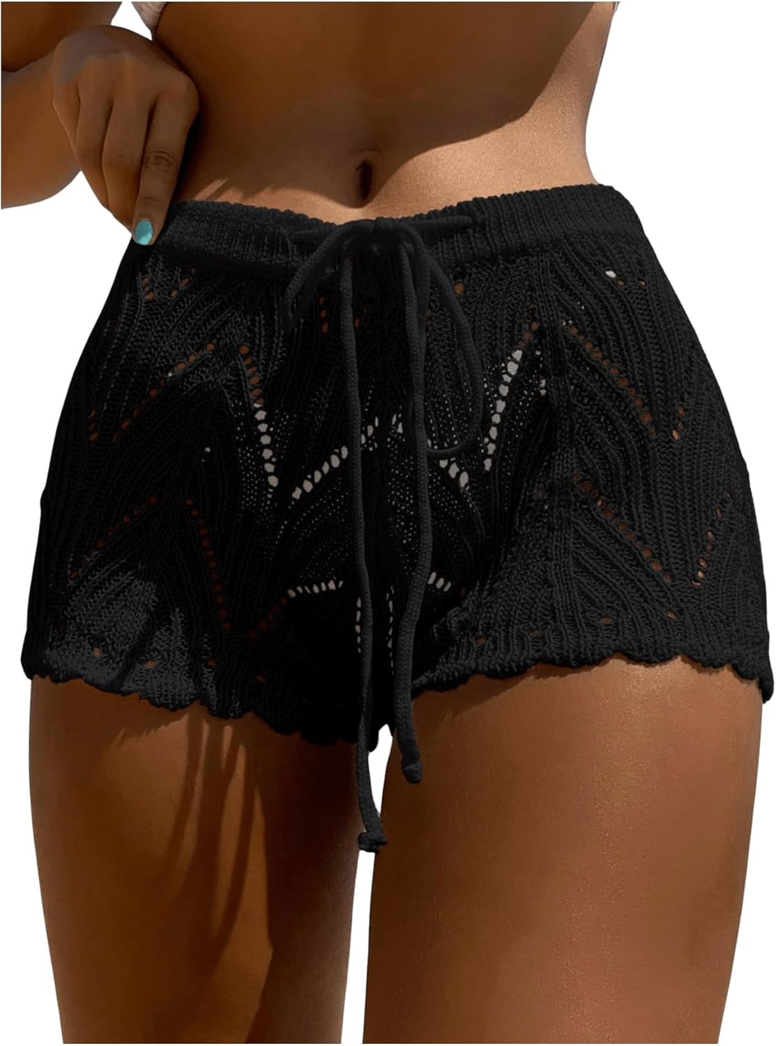 RoseSeek Women's Drawstring Waist Crochet Cover Up Shorts Tie Front Hollow Out Bottom