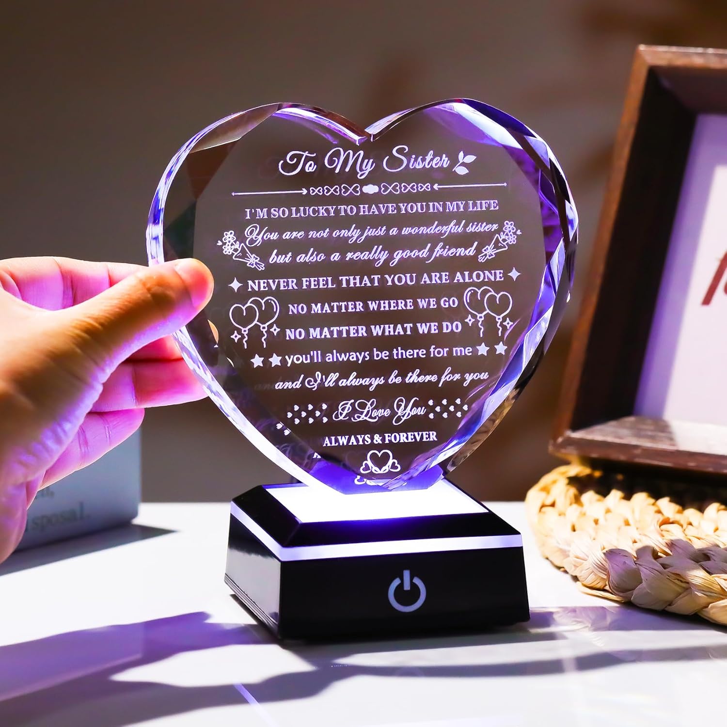 Sister Gifts from Sister Brother with Colorful LED Base Birthday Gifts Idea for Sisters Crystal Heart Keepsake Sisters Gift for Women for Christmas Mother's Day Valentines - Image 5
