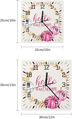 Miniatura 7 de Thanksgiving Wooden Wall Clock Silent Non Ticking, Pink Pumpkin Fall Leaves Wreath Hello Autumn Square Wall Clock Battery Operated, Decor Clock for