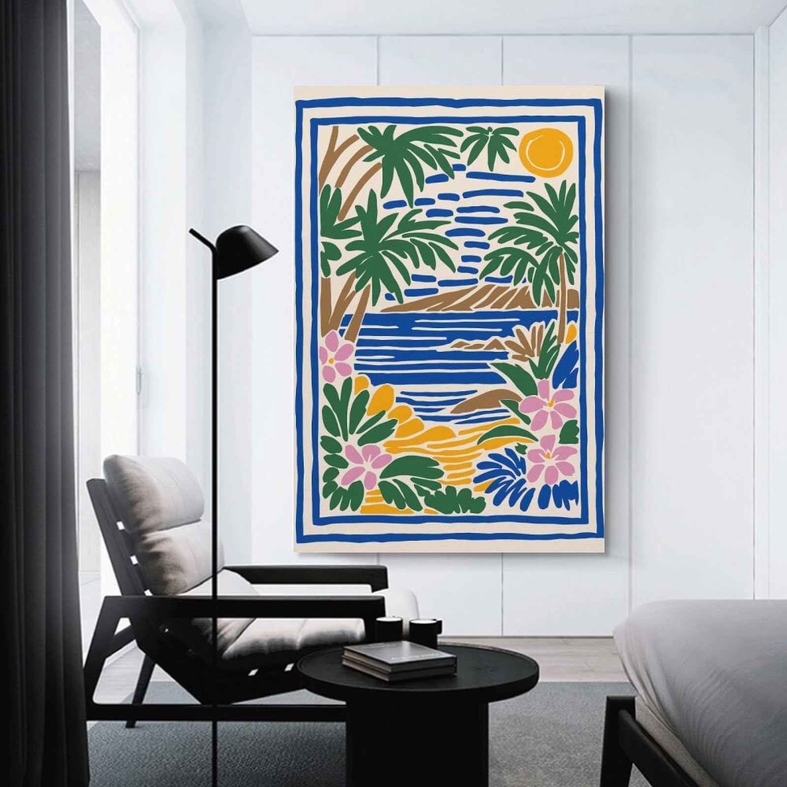 Junmoney Unframe-Style-22-1 Tropical Beach Illustration With Floral Border Wall Picture Print 08X12inch(20X30cm), For Apartment Walls, Studios Or Work Areas, A Simple Refresh For Blank Walls