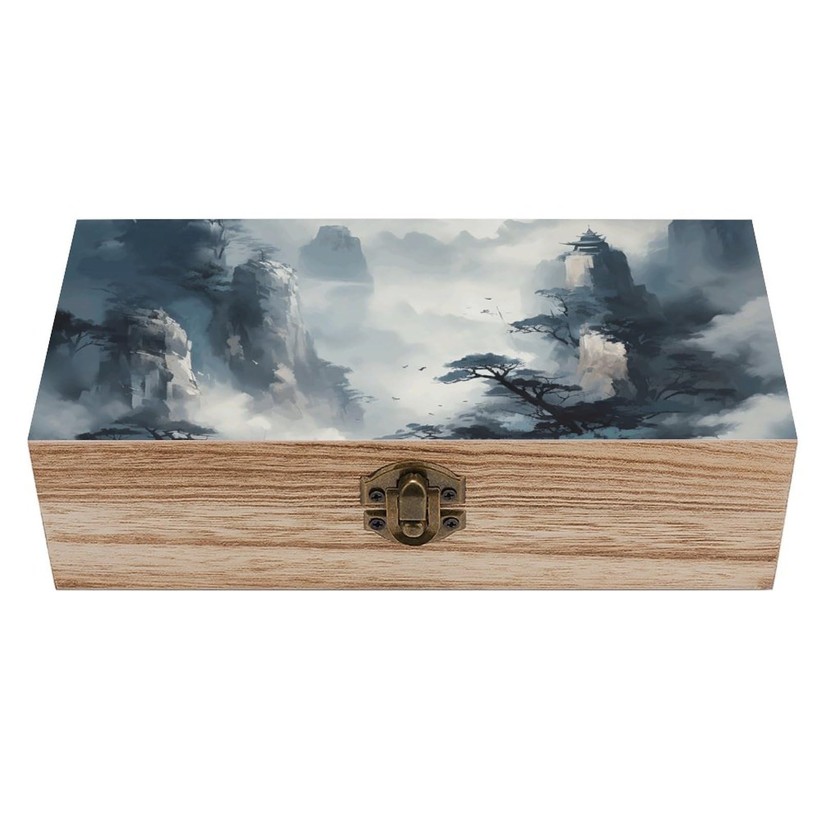 HLBSDM Vintage Wooden Storage Box Traditional Landscape Style Keepsake Box for Jewelry Photos Letters Elegant Desktop Organizer for Home Office Decor