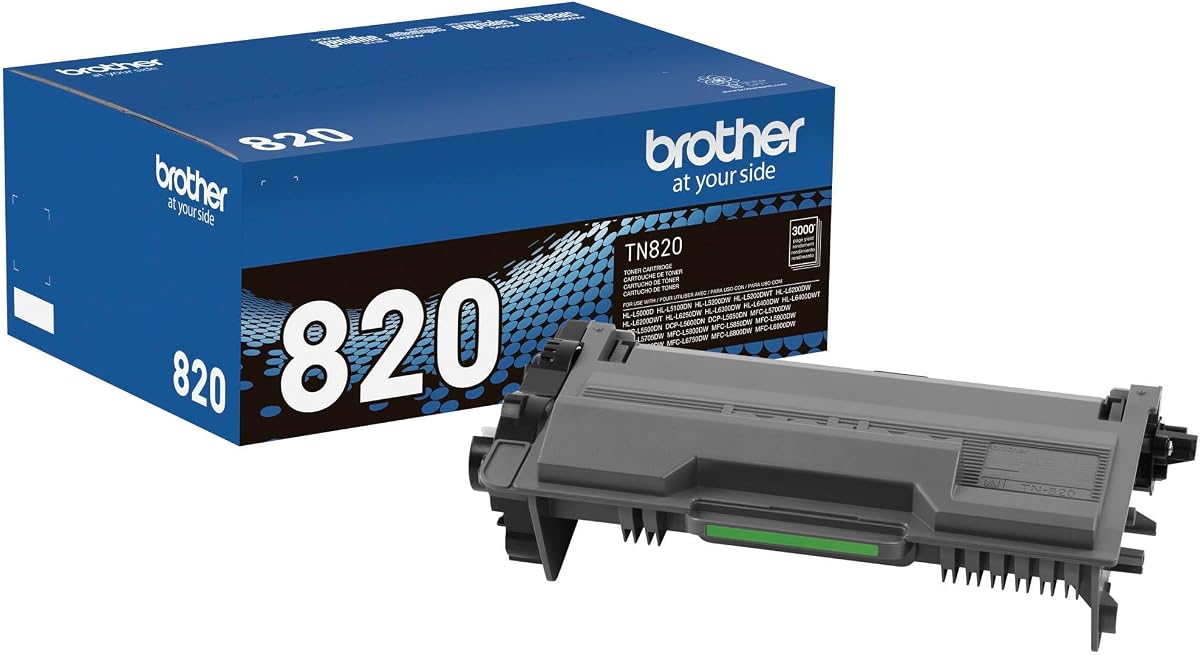 Cartucho de tóner original Brother, TN820, tóner negro de repuesto, rendimiento de página de hasta 3000 páginas, cartucho de reposición de tablero de Amazon | Impresión de documentos de Office con rendimiento de 3000 páginas y diseño sin fugas