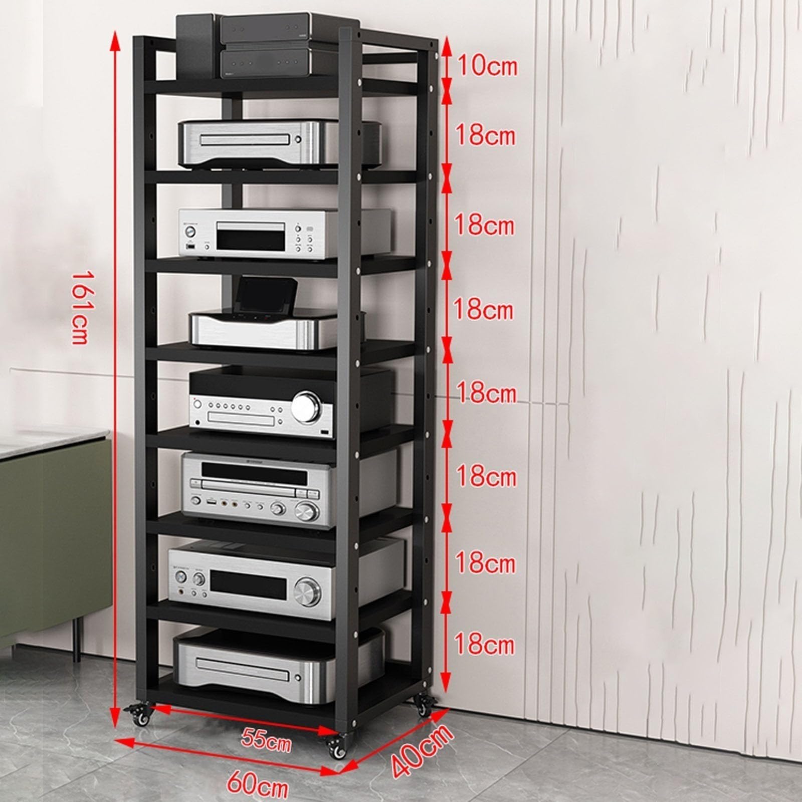 Support de Console avec Étagère Réglable en Hauteur, Tour Multimédia avec Roue, Grand Support de Composants Stéréo pour Amplificateurs