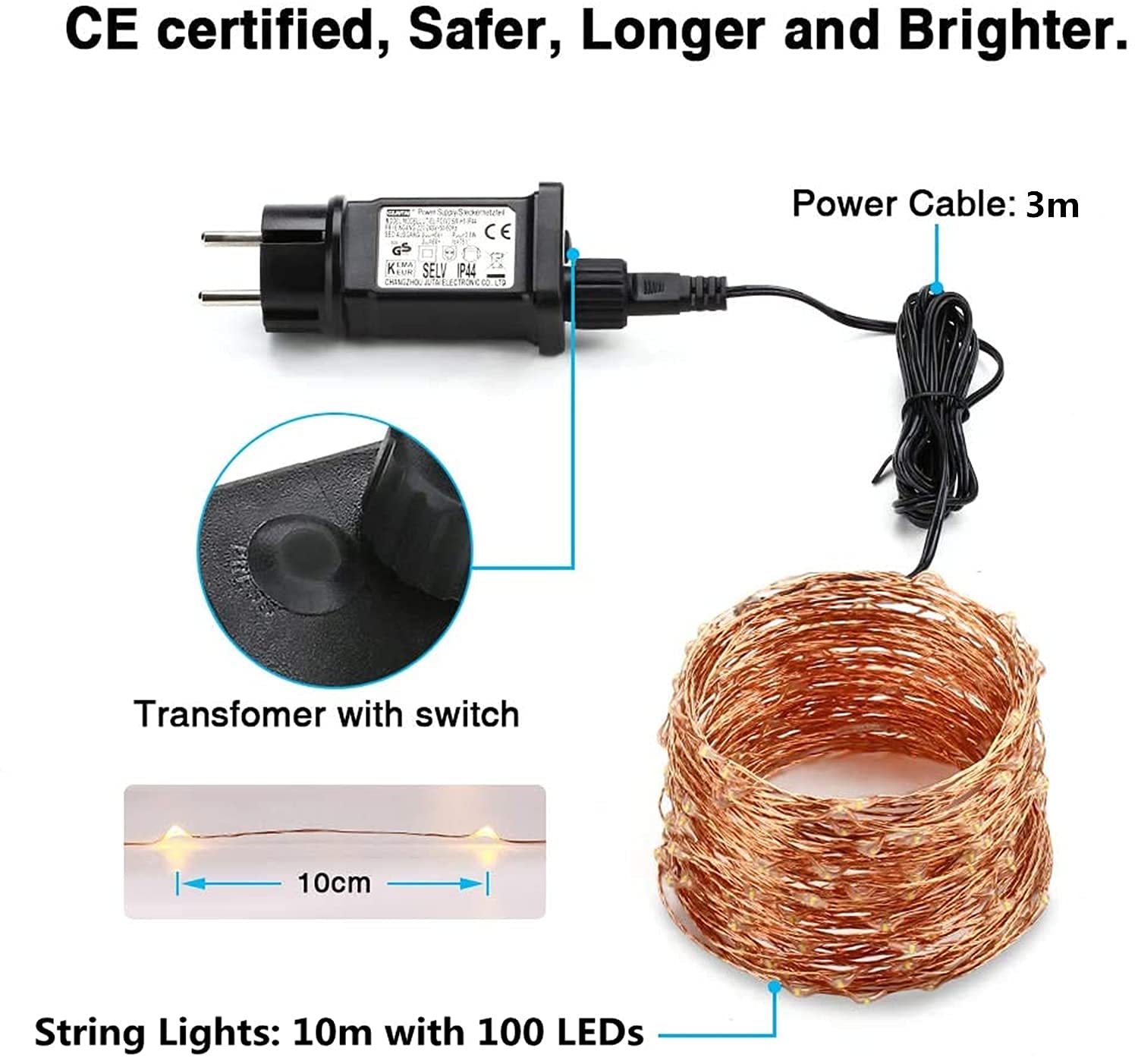 BrizLabs Luci Natale Esterno 10M 100 LED Catene Luminose Interno Impermeabile 8 Modalità Luce Stringa Filo Rame Lucine LED Decorazioni per Casa, Feste, Matrimonio, Terrazza, Balcone, Bianco Caldo