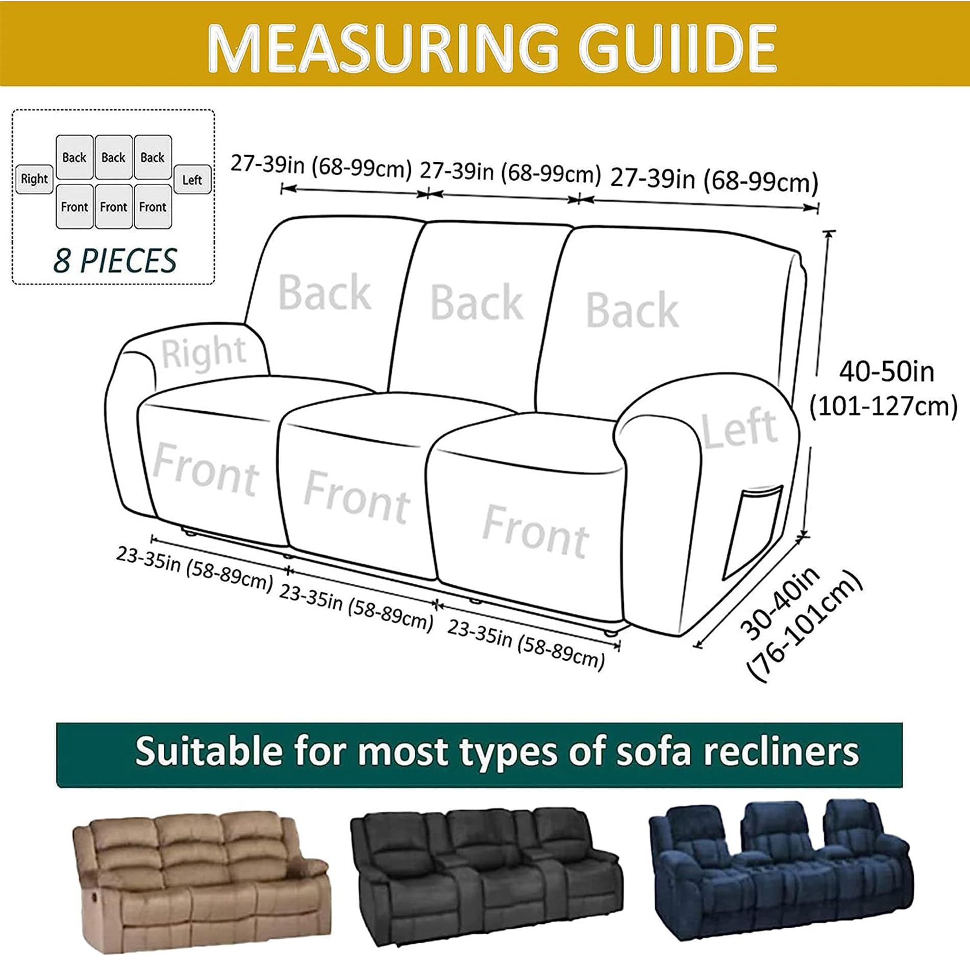 Funda de Sillón Relax Elástica Jacquard 1 2 3 Plazas Fundas de Sofá Reclinables Cubre Sofá Completo Cubiertas Protector para Sillón Reclinable Antideslizante (Zafiro,3 Plazas)