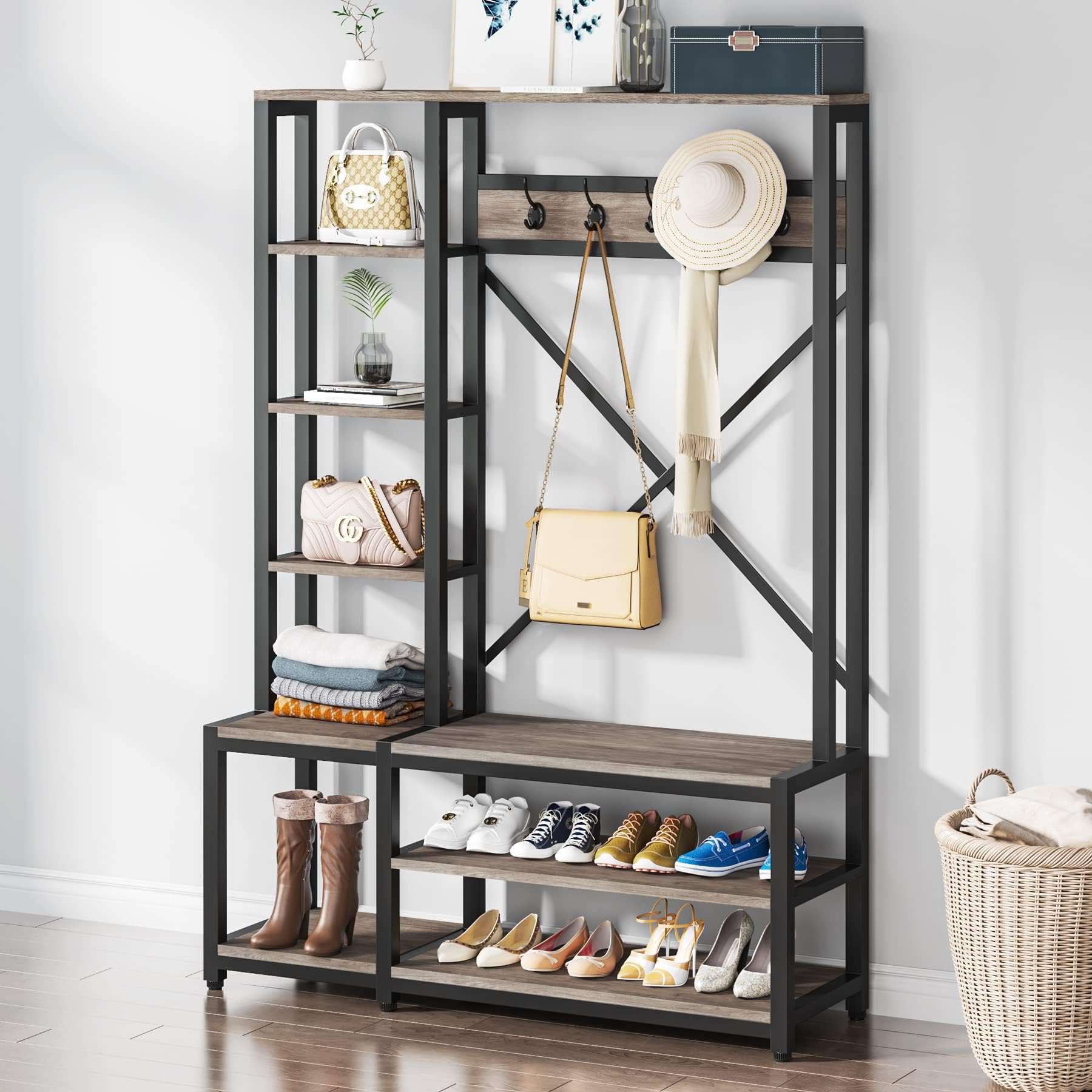 Tribesigns Hall Tree with Storage Bench, 4-in-1 Entryway Bench with Coat Rack, Mudroom Hall Tree with Shoe Storage, 70.86" Wooden Entryway Furniture with 5 Hanging Hooks (Grey)