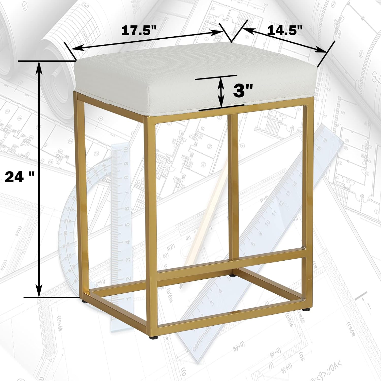 ALPHA HOME Bar Stools Set of 2, Metal Counter Height Bar Stools, 24 Inches Counter Stools with Upholstered Faux Leather, Gold Counter Height Stools, White Islands Stools for Kitchen Counter and Bar
