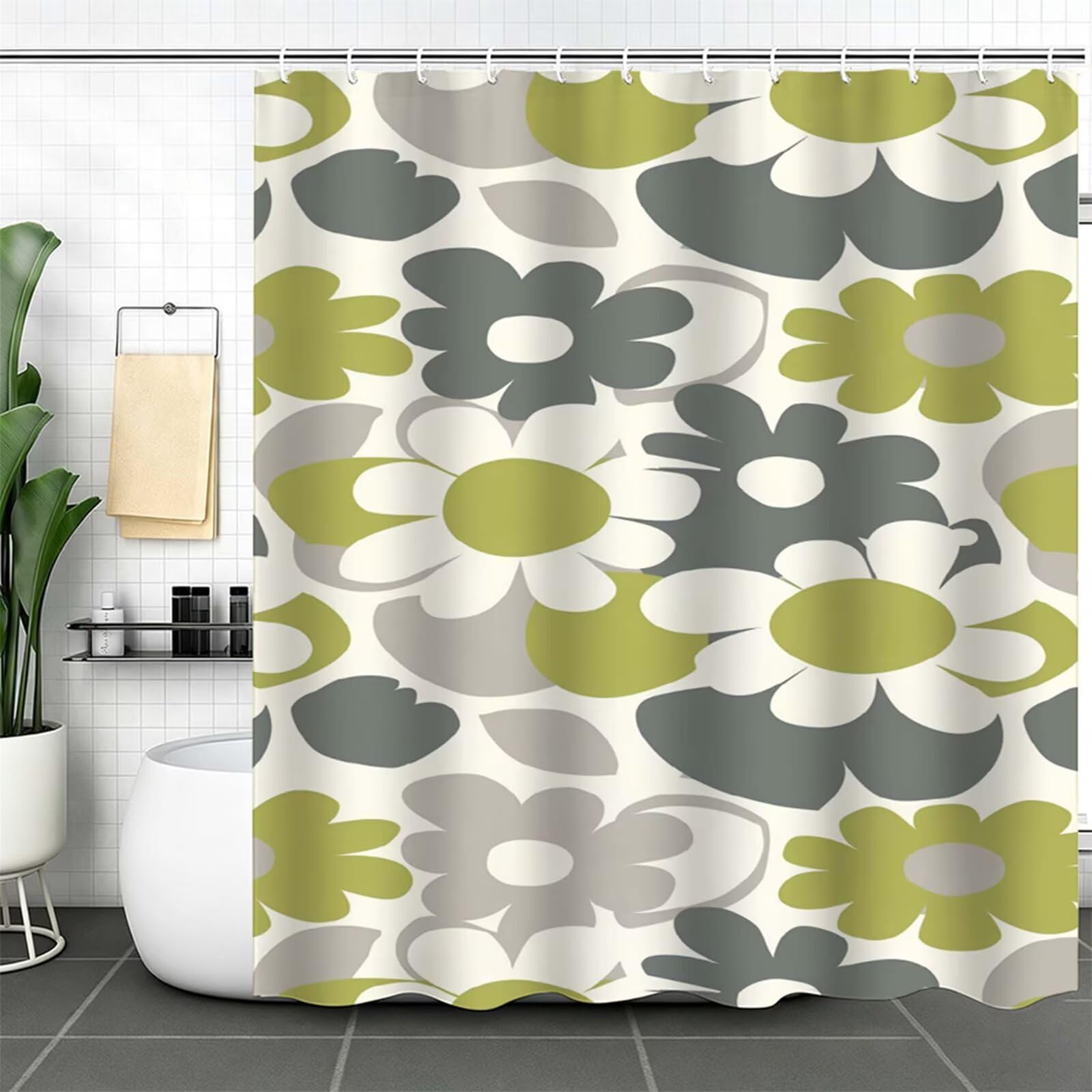 couleur moutarde Rideau Douche 230x180cm Polyester Lavable en Machine Imperméable Rideaux de Douche chrysanthème avec œillets et 12 Crochets,Ourlet Lesté,pour Salle Bain Domicile Baignoire Cabine J-73