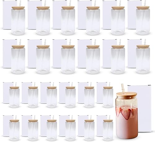 Miniatura 1 de Paquete de 25 vasos de vidrio transparente de sublimación de 16 onzas con tapa de bambú, vasos de vidrio de sublimación rectos para café helado,