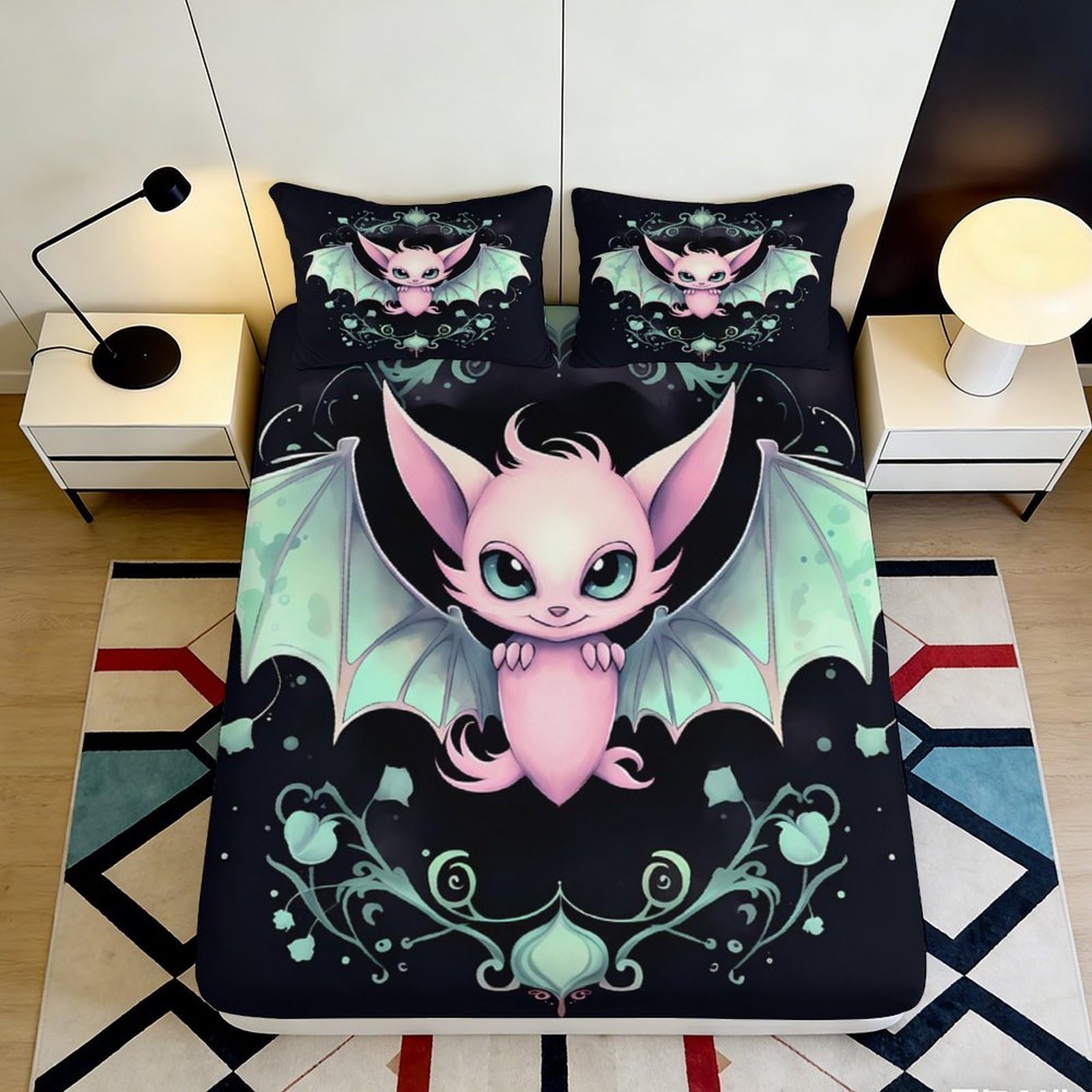 3D Printed pink bat Fitted Sheet, Microfiber soft touch, wrinkle resistant, bed cover for home bedroom, guest room bedding, easy care, stylish accent, anti-slip 90x200x25cm