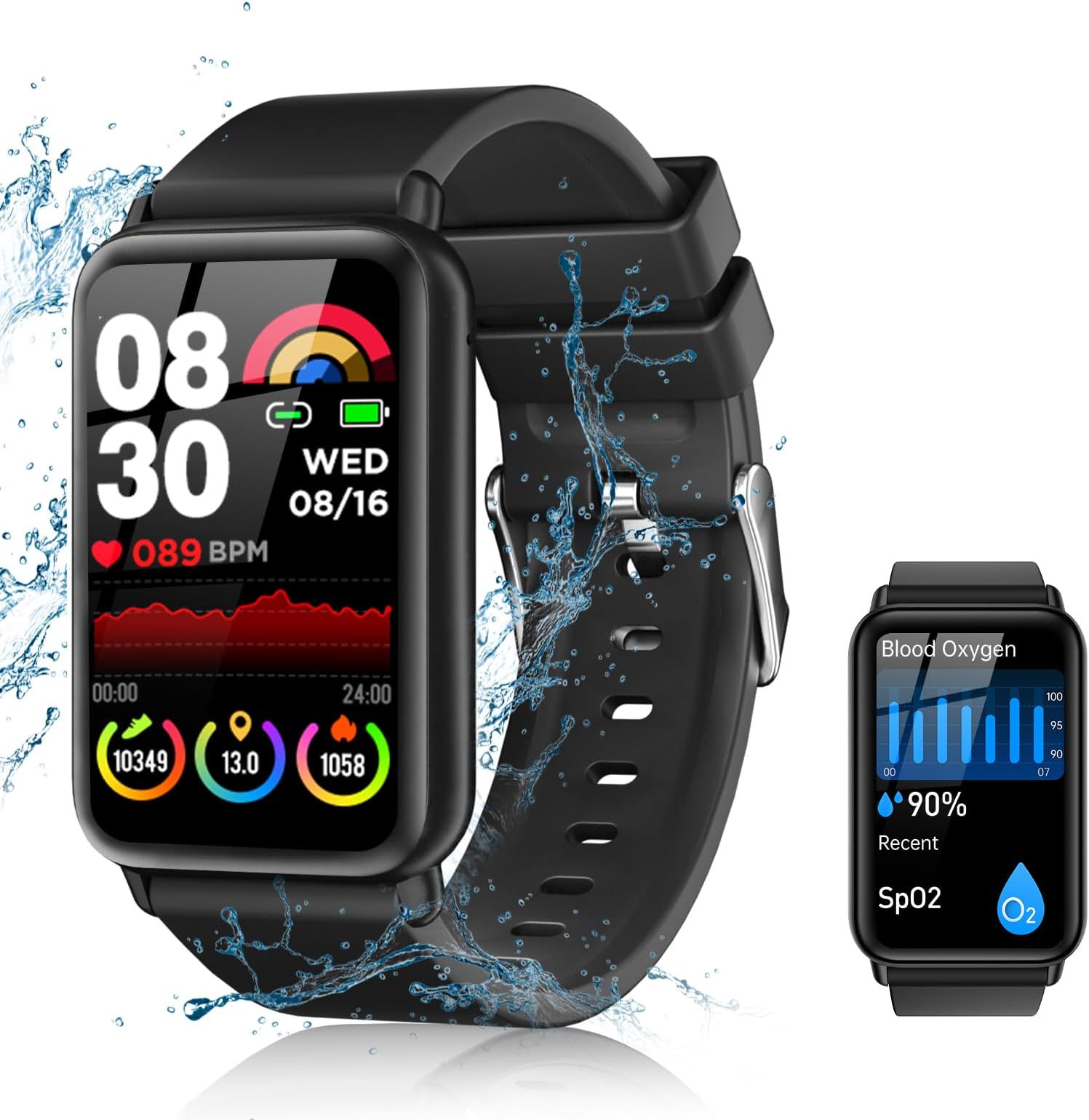 Blood Pressure Watch Men, Fitness Tracker, Smart Watch, Answer/Call Waterproof Sleep Tracker with Adjustable Tape 1.57'' Touch-Screen Compatible with iOS/Android Phones, Black