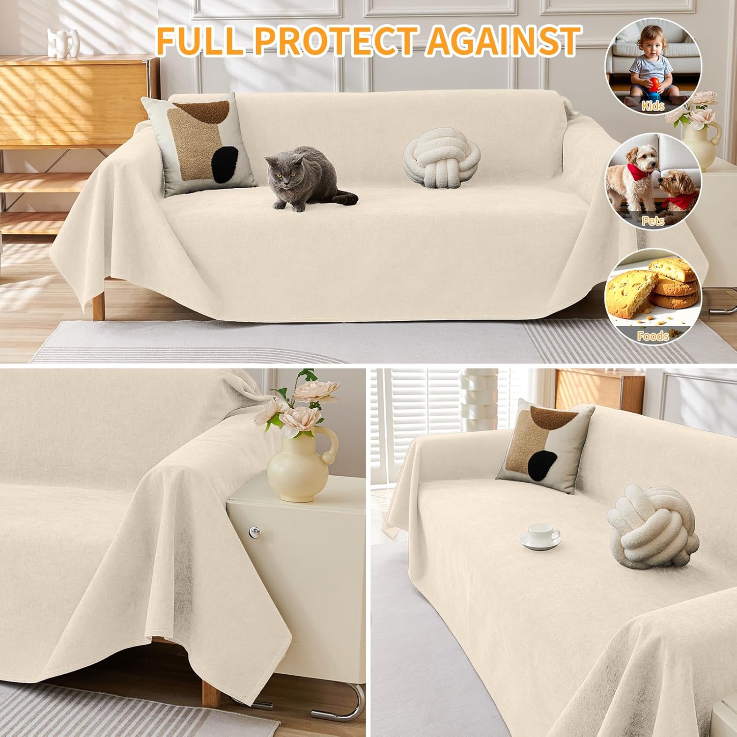Deep Dream Cat-Scratch Resistant Couch Cover, Waterproof Sofa Cover for 3 Cushion Couch Washable, Pet Friendly Couch Protectors Anti Slip Thickened Love Seat Slipcovers for Dogs Pets,71" x 118",Beige