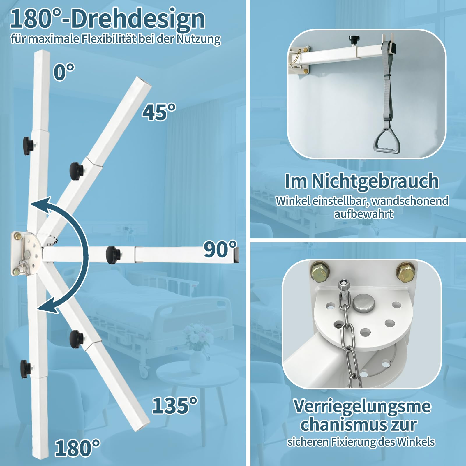 Bettgalgen für ältere Menschen, Galgen für Bett Wandmontage, Stehhilfe Bett zum Aufsetzen und Aufstehen, komfortabler & breiter Triangelgriff, höhenverstellbar & tiefenverstellbar, Tragkraft 100 kg