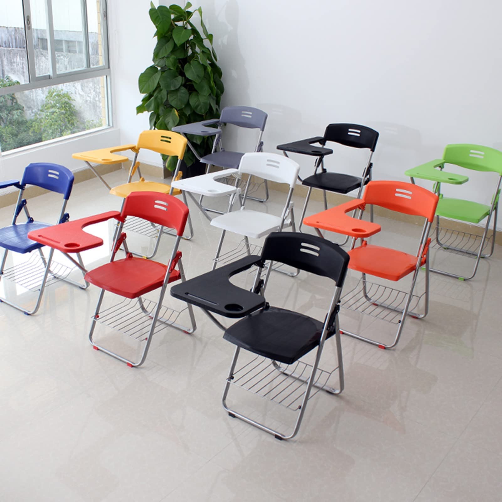 Sedie pieghevoli portatili con tavoletta da scrittura, ferro e schienale – ideale per ufficio, allenamento, riunioni, aule, asili nido e sale giochi, colore bianco