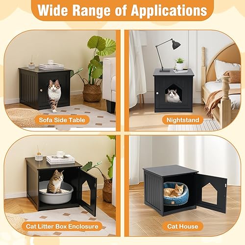 Vista 9 de Tangkula Caja de arena para gatos, muebles ocultos, mesita de noche para mascotas con puerta magnética, baño interior para gatos (negro)