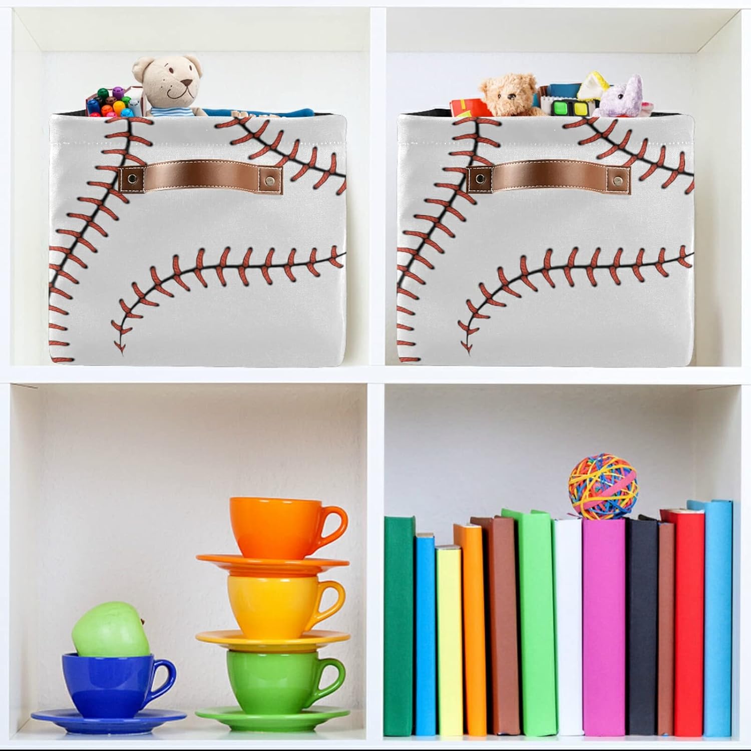 Storage Basket Cube, Sports Baseball Stitches Laces Large Storage Bin Box Collapsible Clothes Toys Organizer Laundry Basket for Shelves Closet Kids Nursery Bedroom, 1 Pack