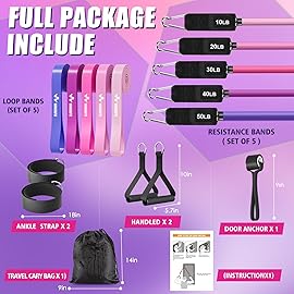 WHATAFIT Resistance Bands, Exercise BandsResistance Bands for Working Out, Work Out Bands with Handles for Men and Women Fitness, Strength Training Home Gym Equipment Pink Purple 16PCS
