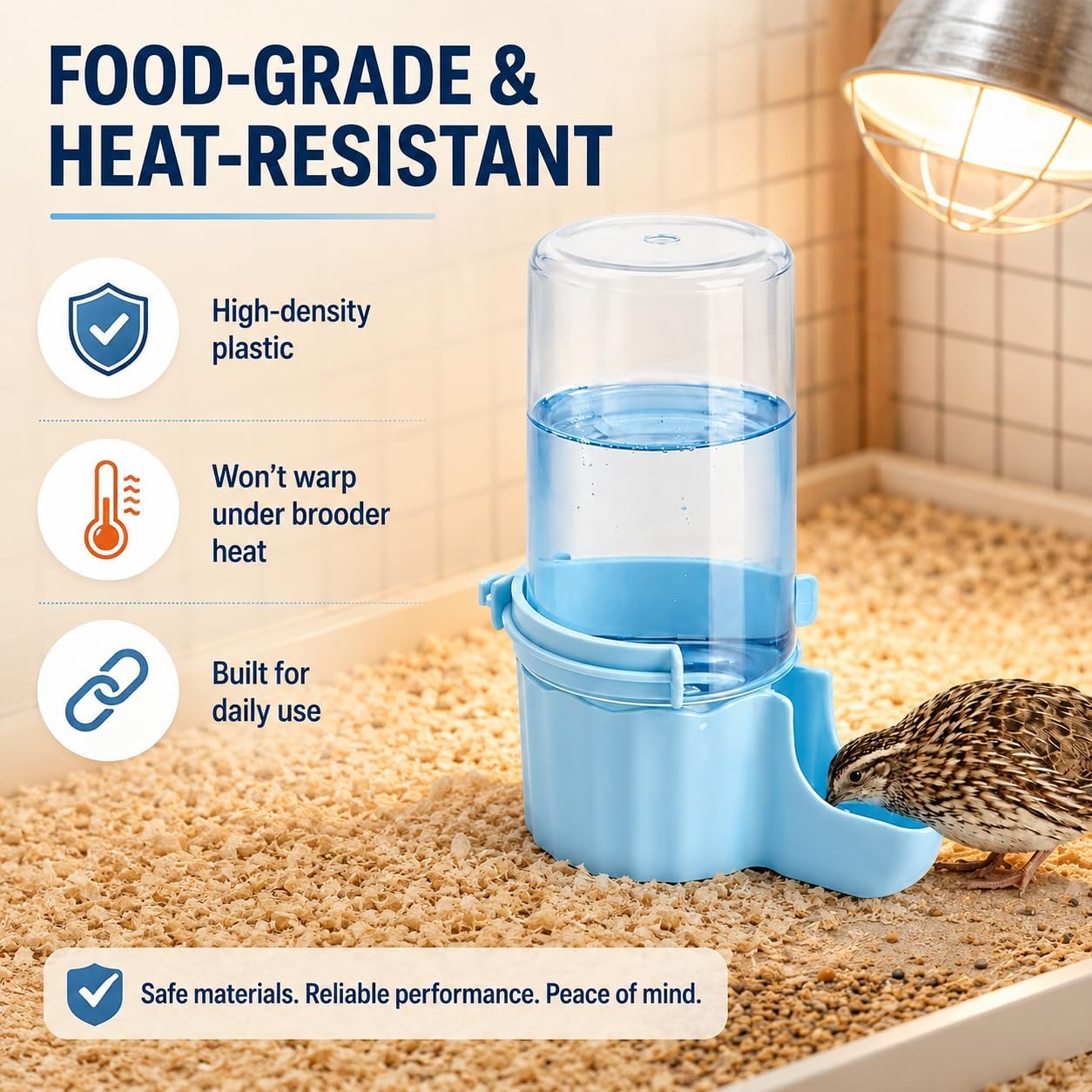 Quail Chick Waterer, 16.6 oz Automatic Gravity Baby Quail Waterer with Anti-Drowning Shallow Tray, Hanging or Free-Standing Quail Waterer for Button Quail, Brooders & Wire Cages image 5