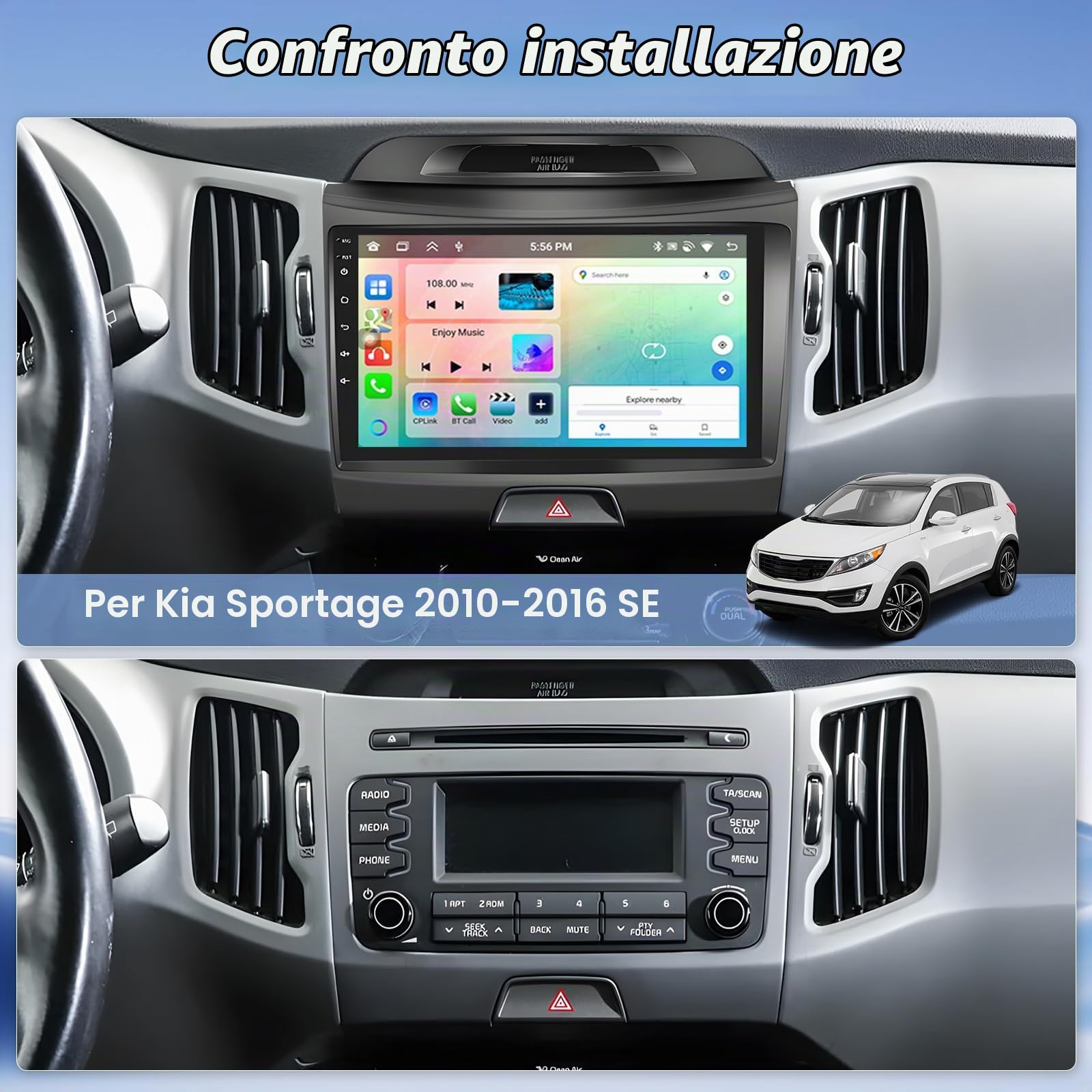 Roinvou DAB/DAB+ 4G+64GB Radio per Kia sportage 2010-2016 Android 15 Soporta Wireless CarPlay Android Auto, 9 Pollici Schermo per Auto con Bluetooth WIFI GPS HIFI FM/RDS SWC AHD Telecamera