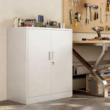 Metal Storage Cabinet, 90cm Locking Storage Cabinet with Doors & Shelves, Steel Storage Cabinet with 2 Adjustable Shelves for Garage, Home, Office, Utility Room, Assembly Required(White, 90 * 80 * 40)